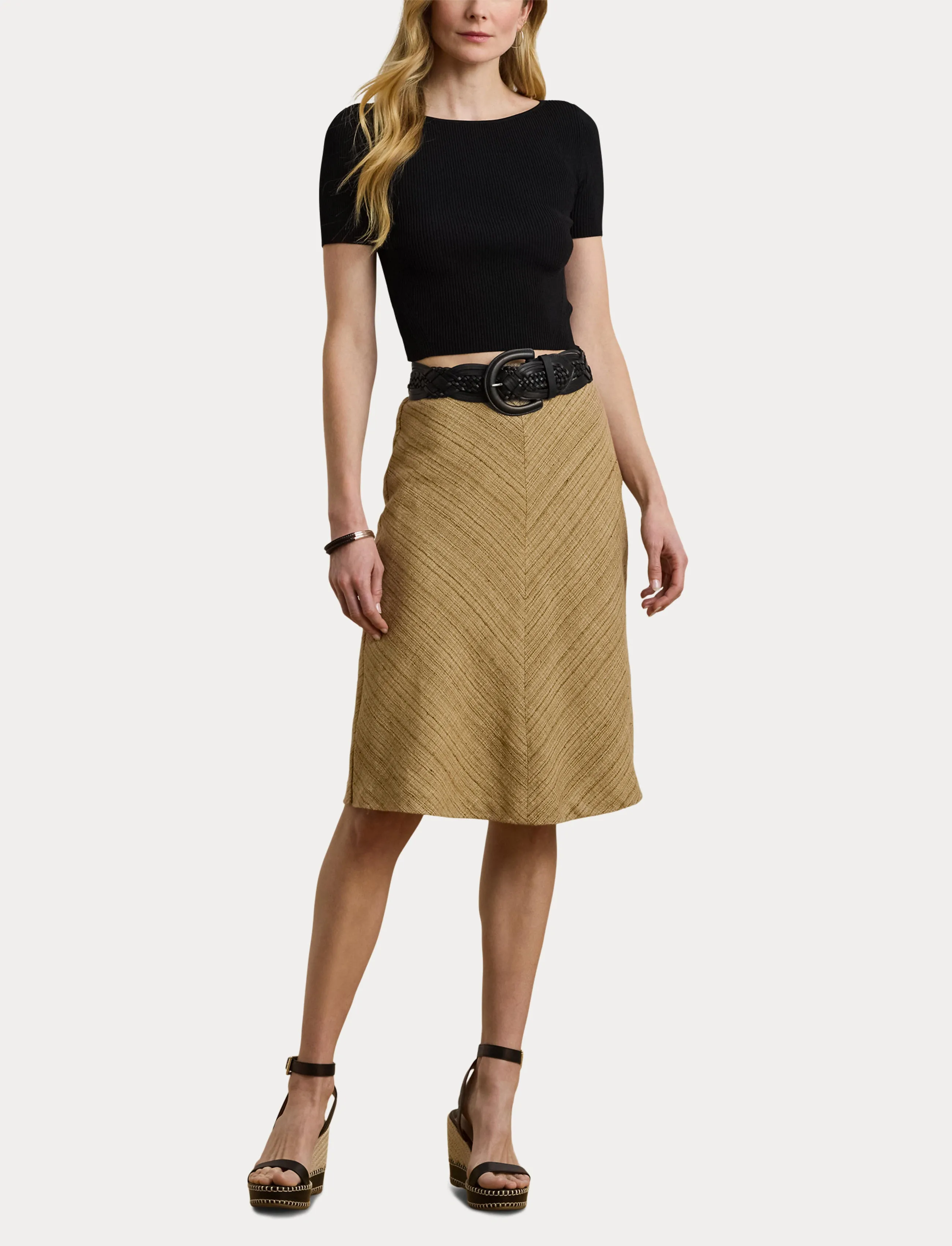 Lauren Ralph Lauren - Herringbone Linen-Blend Tweed Skirt - jupes midi - new tan/brown mul - 4