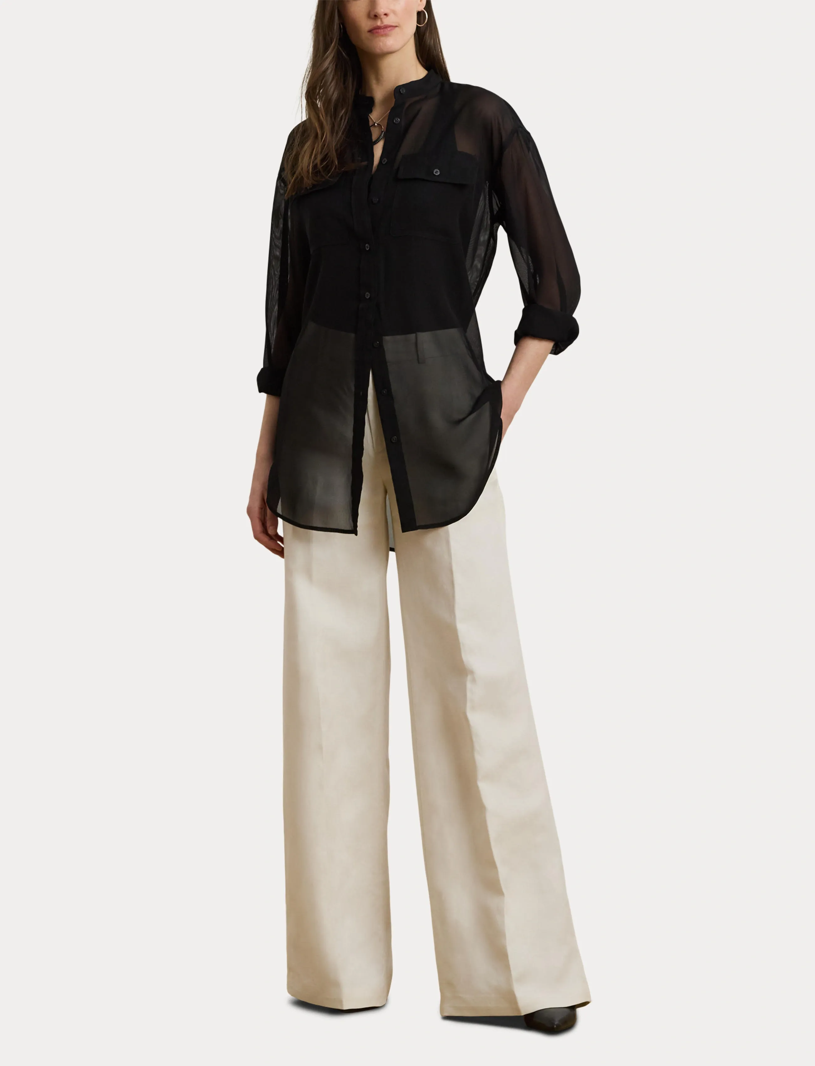 Lauren Ralph Lauren - Linen-Blend Twill Wide-Leg Pant - bikses ar platām starām - mascarpone cream - 4