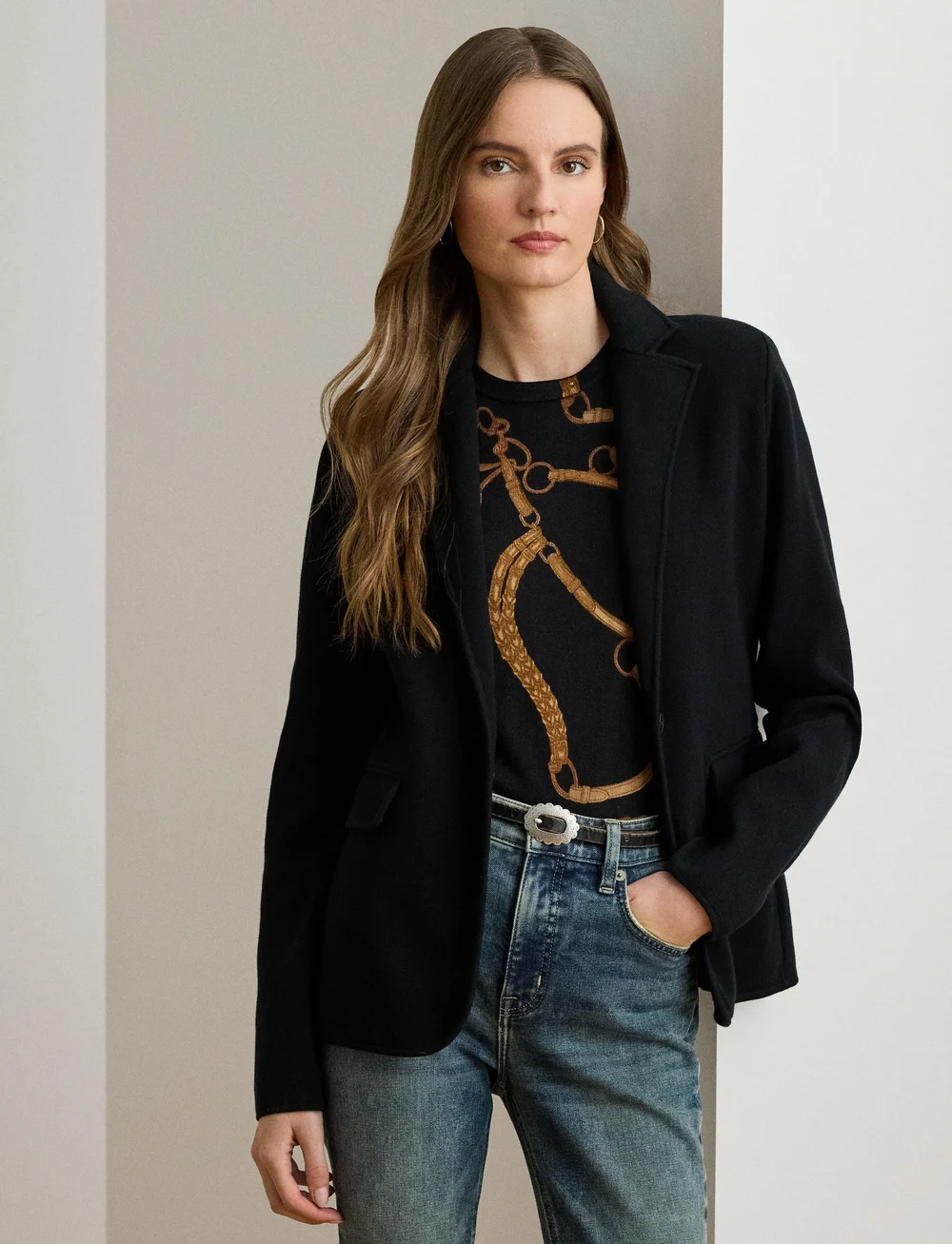 Lauren Ralph Lauren - Cotton-Blend Sweater Blazer - Ühes joones nööpidega bleiserid - black - 4