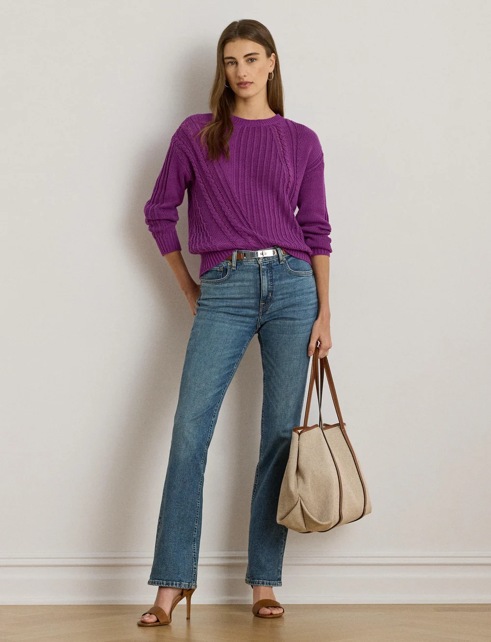 Lauren Ralph Lauren - Pointelle-Knit Cotton Crewneck Sweater - neulepuserot - purple dawn - 0