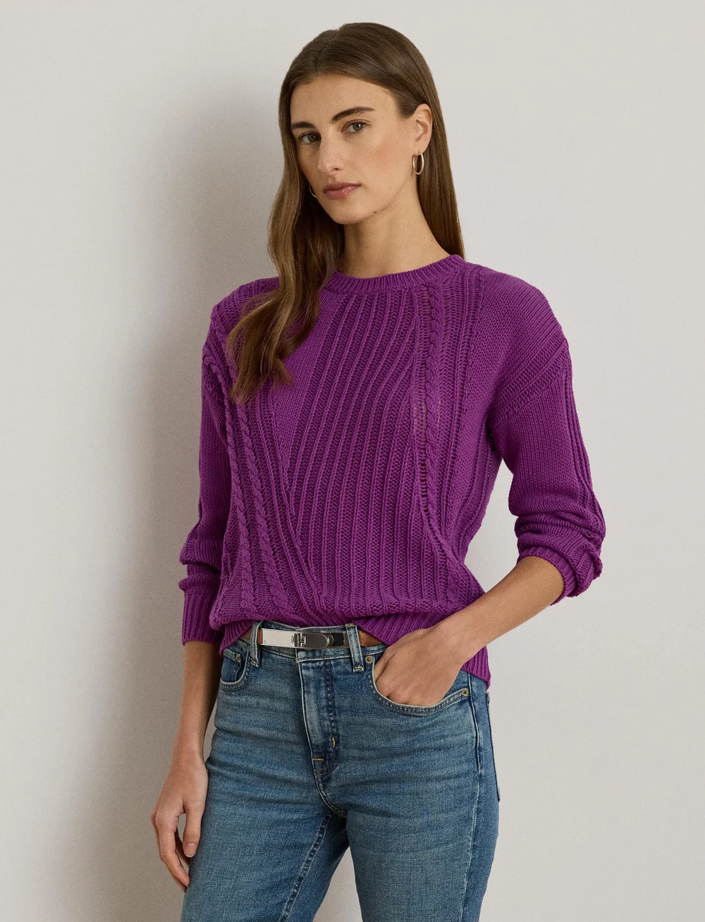 Lauren Ralph Lauren - Pointelle-Knit Cotton Crewneck Sweater - neulepuserot - purple dawn - 3