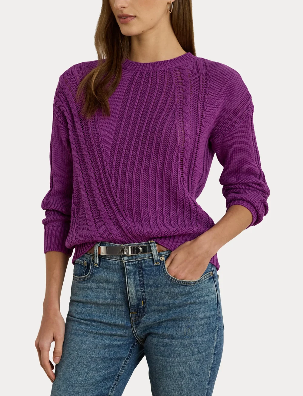 Lauren Ralph Lauren - Pointelle-Knit Cotton Crewneck Sweater - neulepuserot - purple dawn - 5