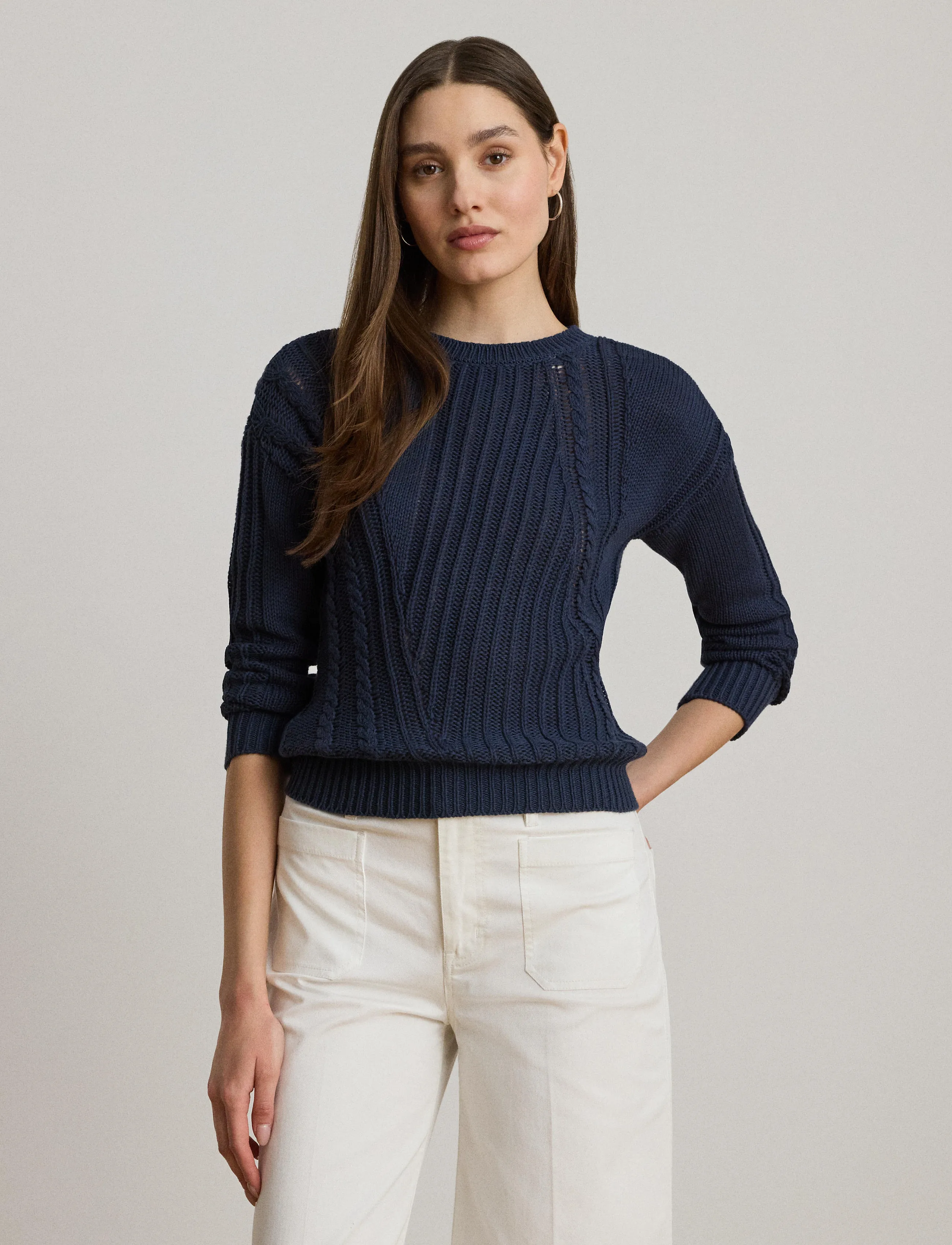 Lauren Ralph Lauren - Pointelle-Knit Cotton Crewneck Sweater - pullover - shadow navy - 3