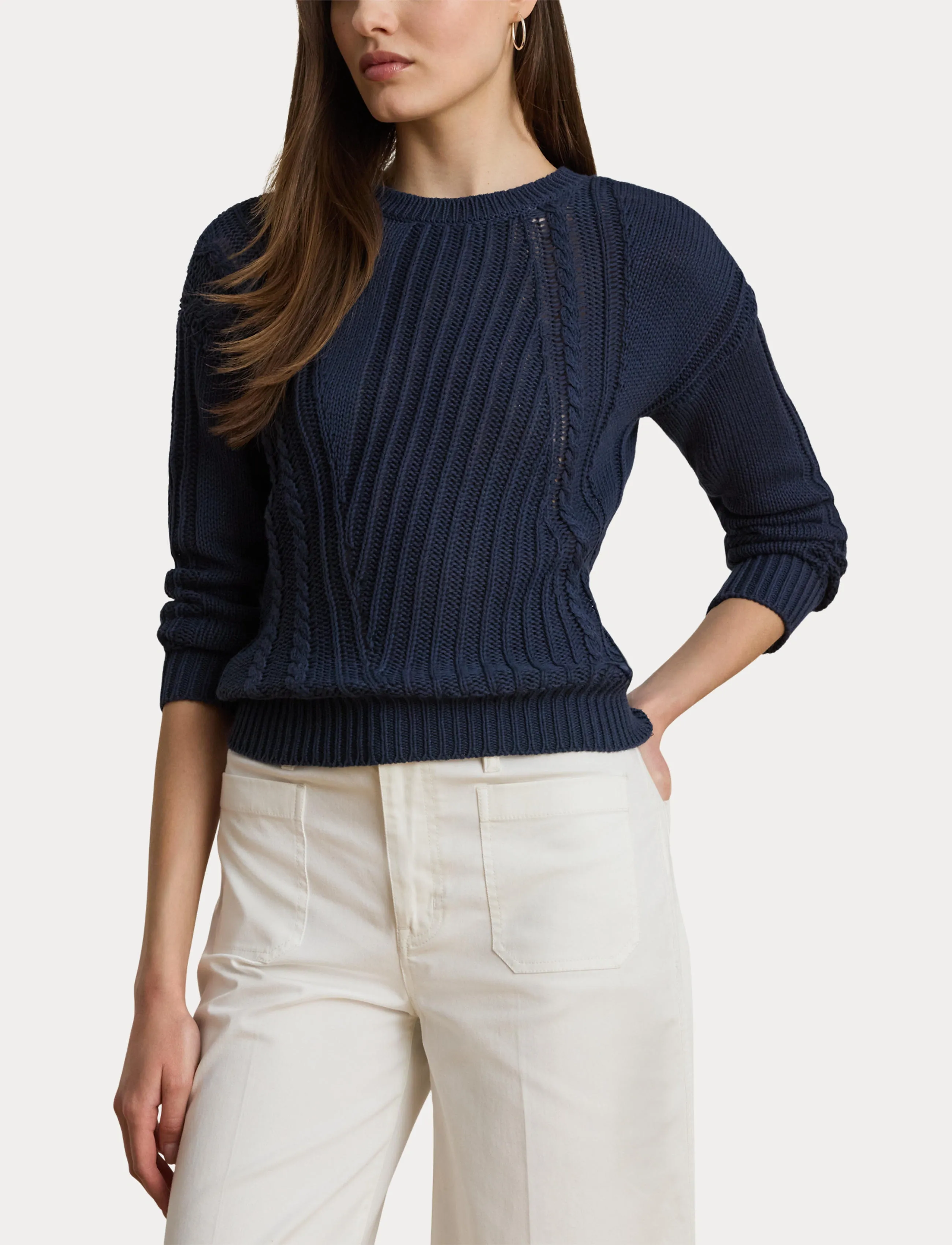 Lauren Ralph Lauren - Pointelle-Knit Cotton Crewneck Sweater - pullover - shadow navy - 5