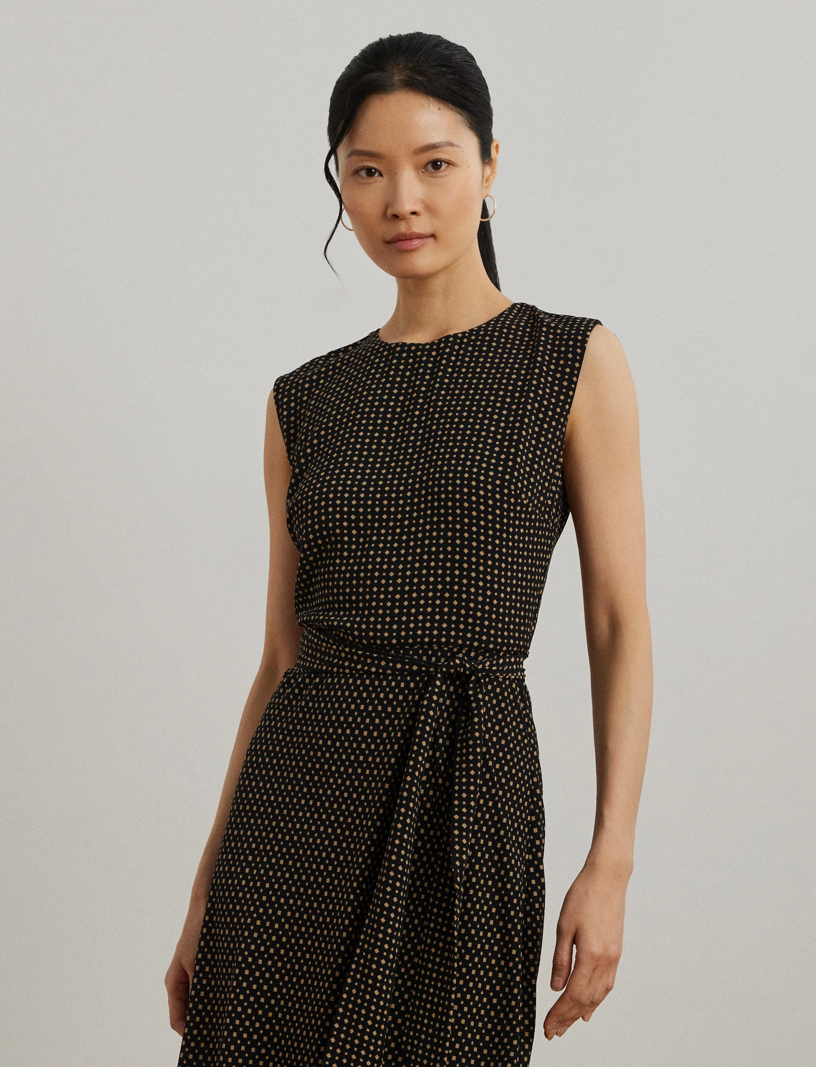 Lauren Ralph Geo-Print Belted Bubble Crepe Dress, 46, Dresses, Schwarz - Knee-length & Midi, Frauen