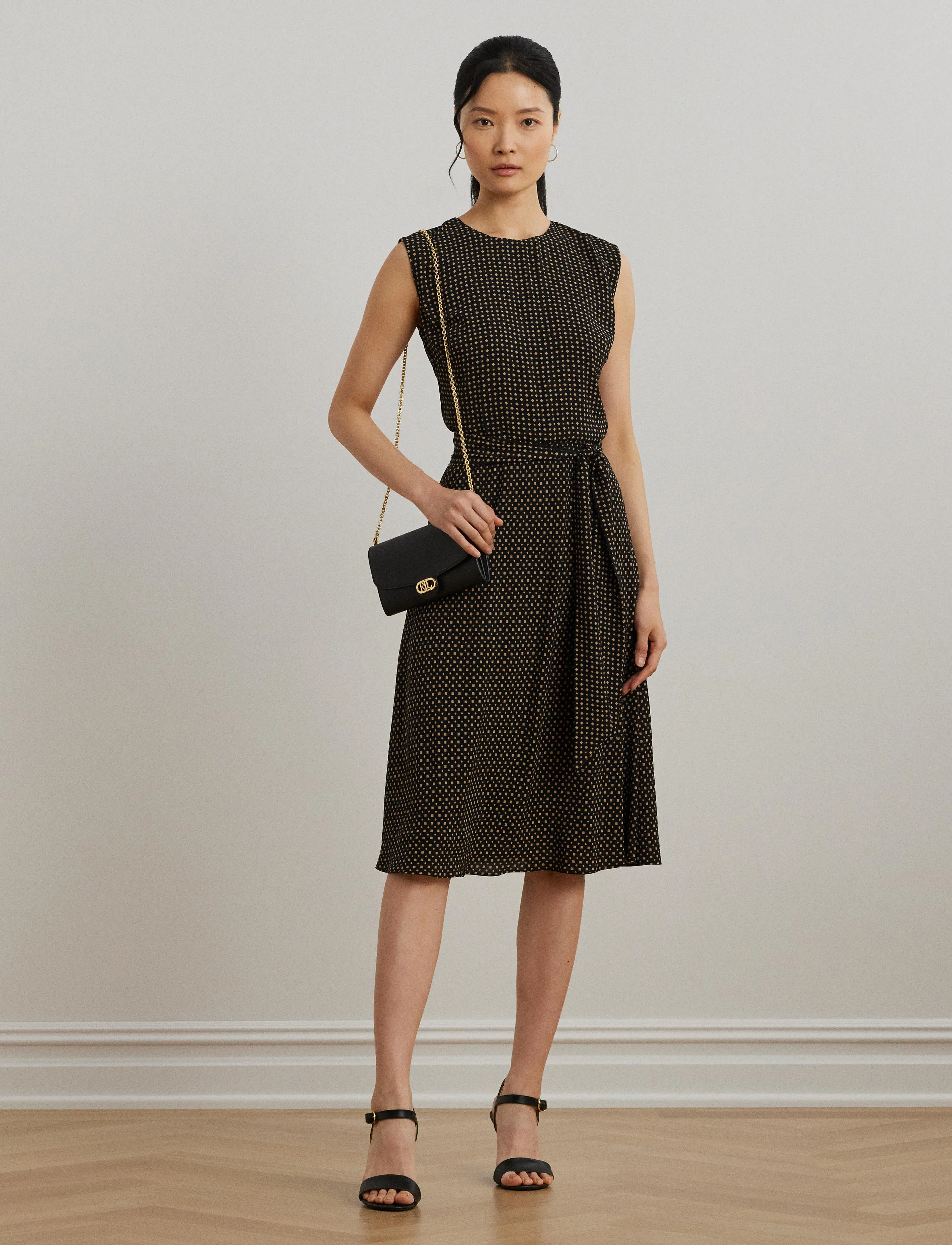 Lauren Ralph Lauren - Geo-Print Belted Bubble Crepe Dress - black/tan - 3