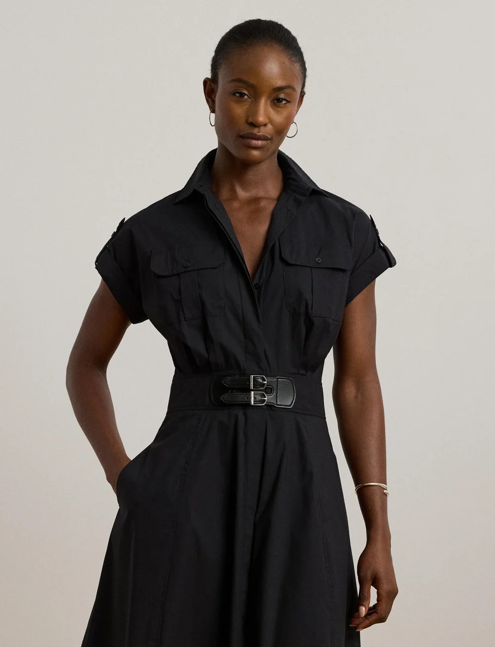 Lauren Ralph Lauren - Buckle-Trim Cotton-Blend Shirtdress - cocktailkjoler - black - 0