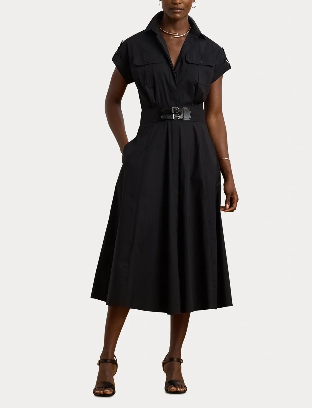 Lauren Ralph Lauren - Buckle-Trim Cotton-Blend Shirtdress - cocktailkjoler - black - 4