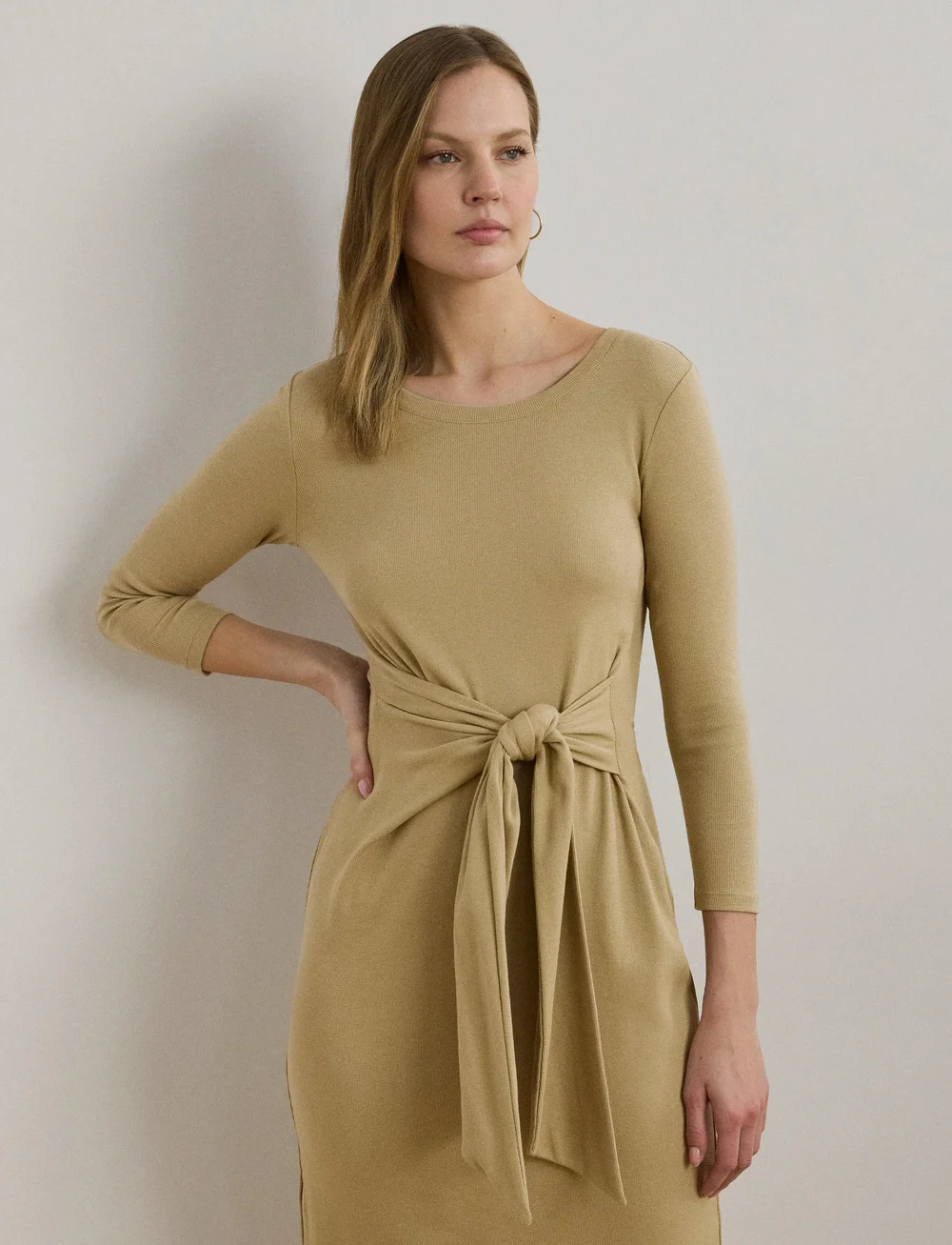 Lauren Ralph Lauren - Tie-Front Cotton-Blend Crewneck Dress - stramme kjoler - birch tan - 0