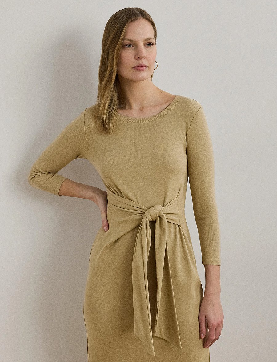 Lauren Ralph Lauren - Tie-Front Cotton-Blend Crewneck Dress - robes moulantes - birch tan - 0