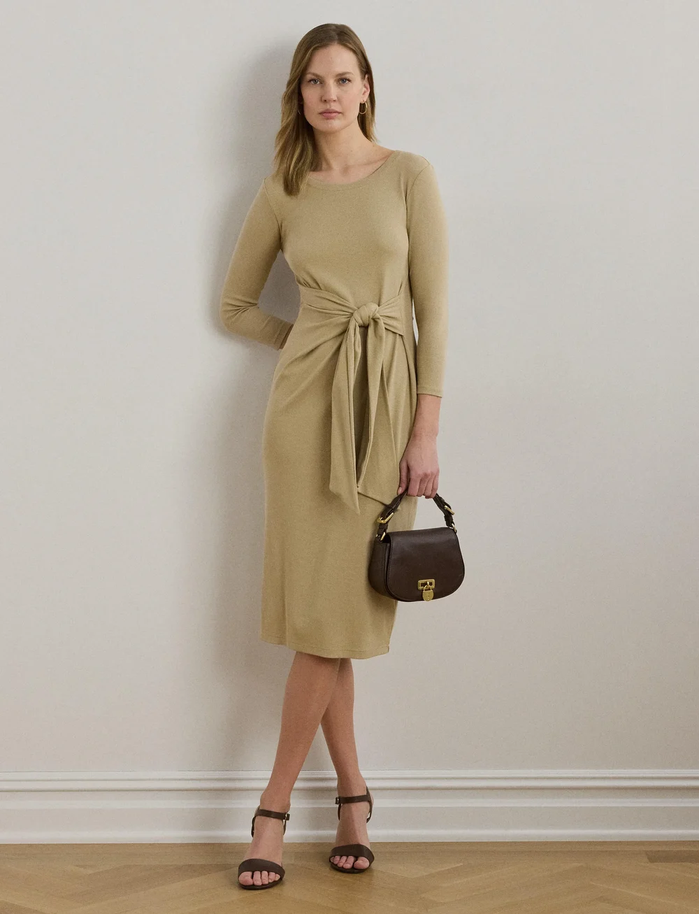 Lauren Ralph Lauren - Tie-Front Cotton-Blend Crewneck Dress - stramme kjoler - birch tan - 3