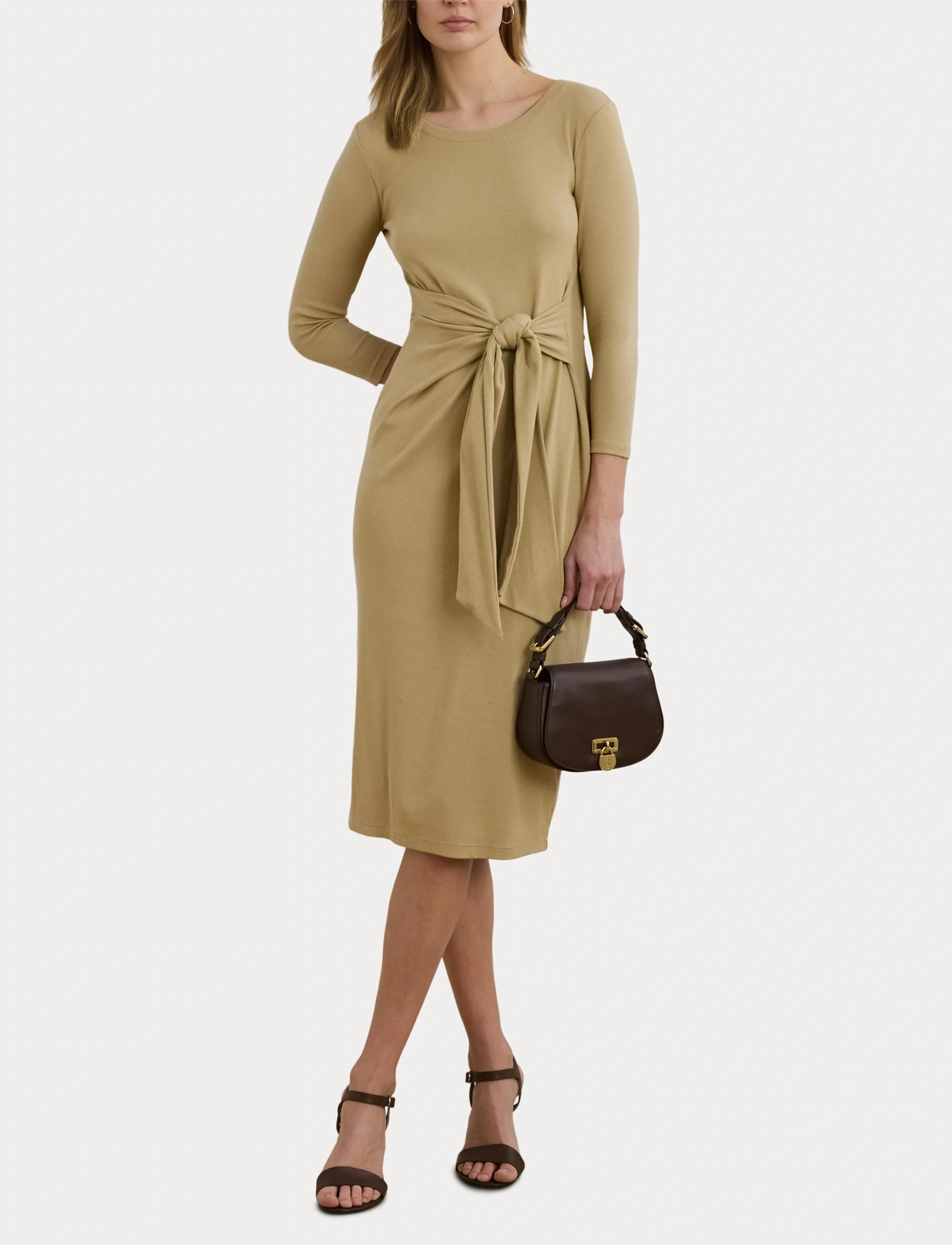Lauren Ralph Lauren - Tie-Front Cotton-Blend Crewneck Dress - robes moulantes - birch tan - 4