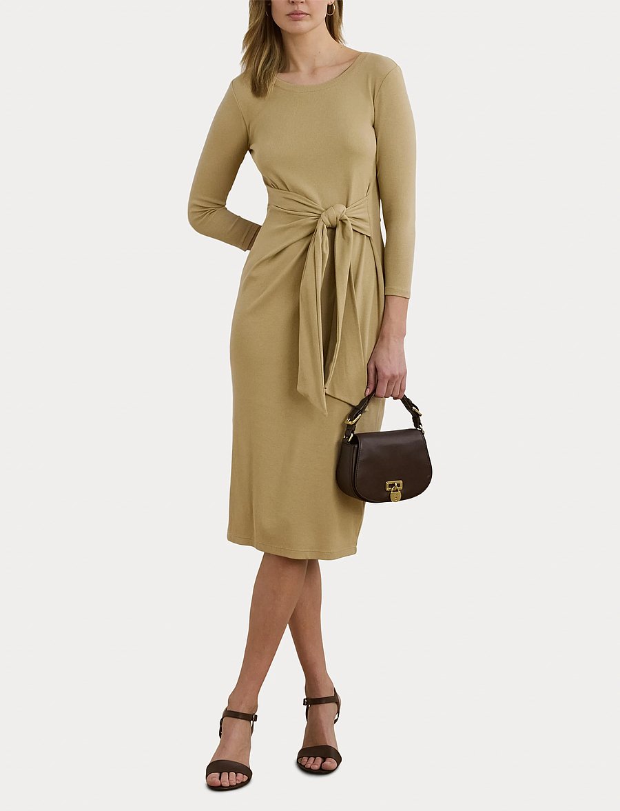 Lauren Ralph Lauren - Tie-Front Cotton-Blend Crewneck Dress - robes moulantes - birch tan - 4