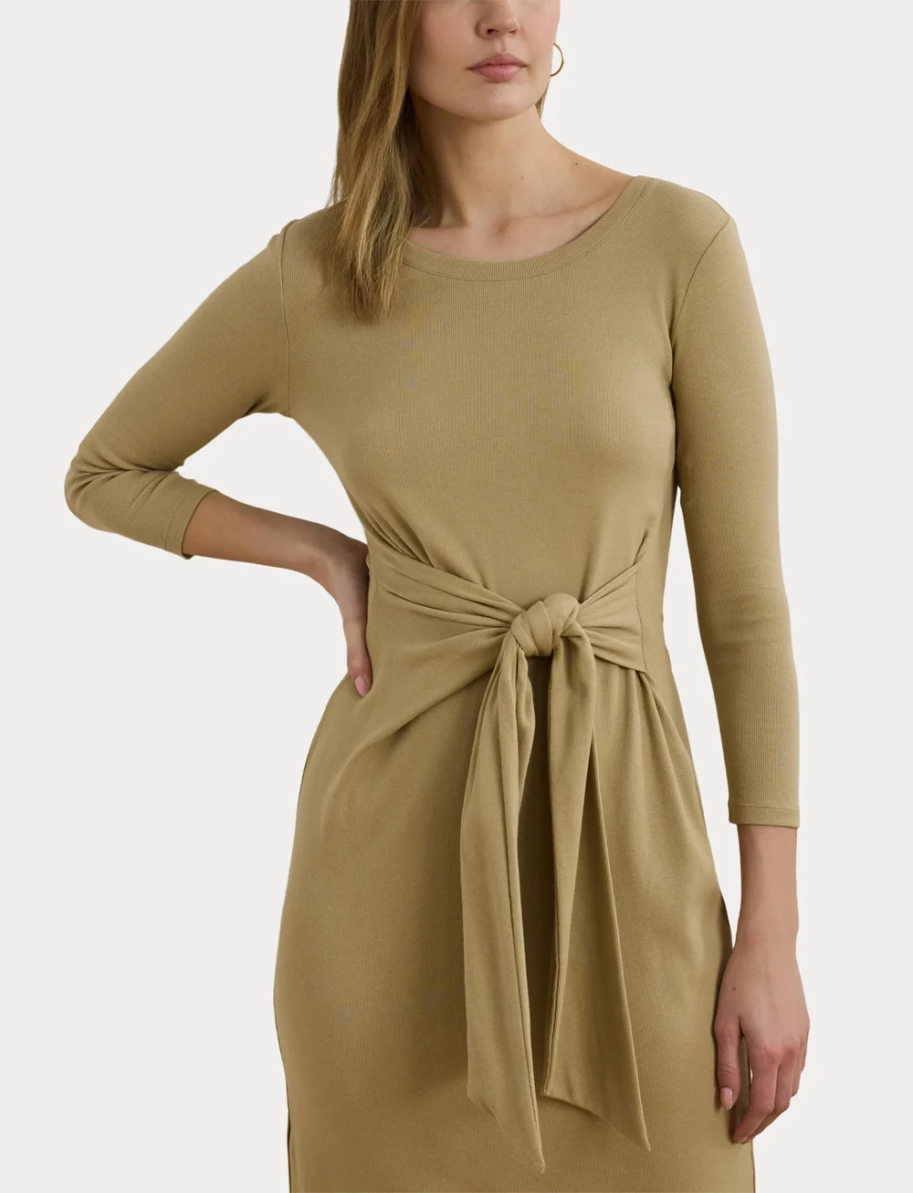Lauren Ralph Lauren - Tie-Front Cotton-Blend Crewneck Dress - stramme kjoler - birch tan - 5