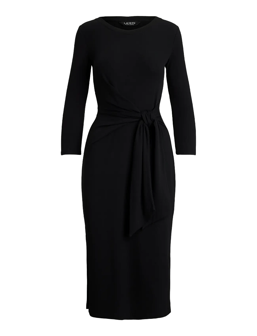 Lauren Ralph Lauren - Tie-Front Cotton-Blend Crewneck Dress - midiklänningar - black - 1