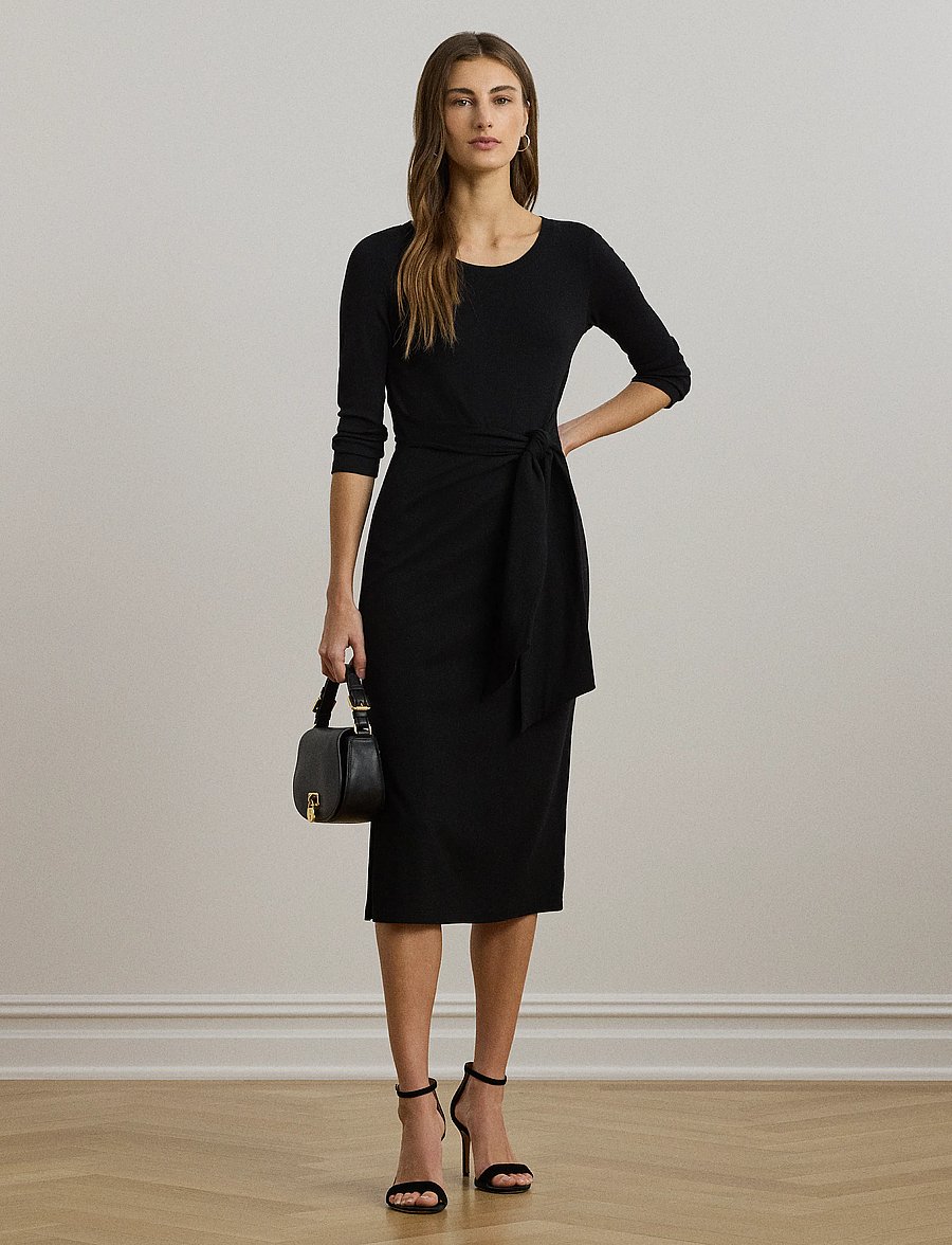 Lauren Ralph Lauren - Tie-Front Cotton-Blend Crewneck Dress - midiklänningar - black - 0
