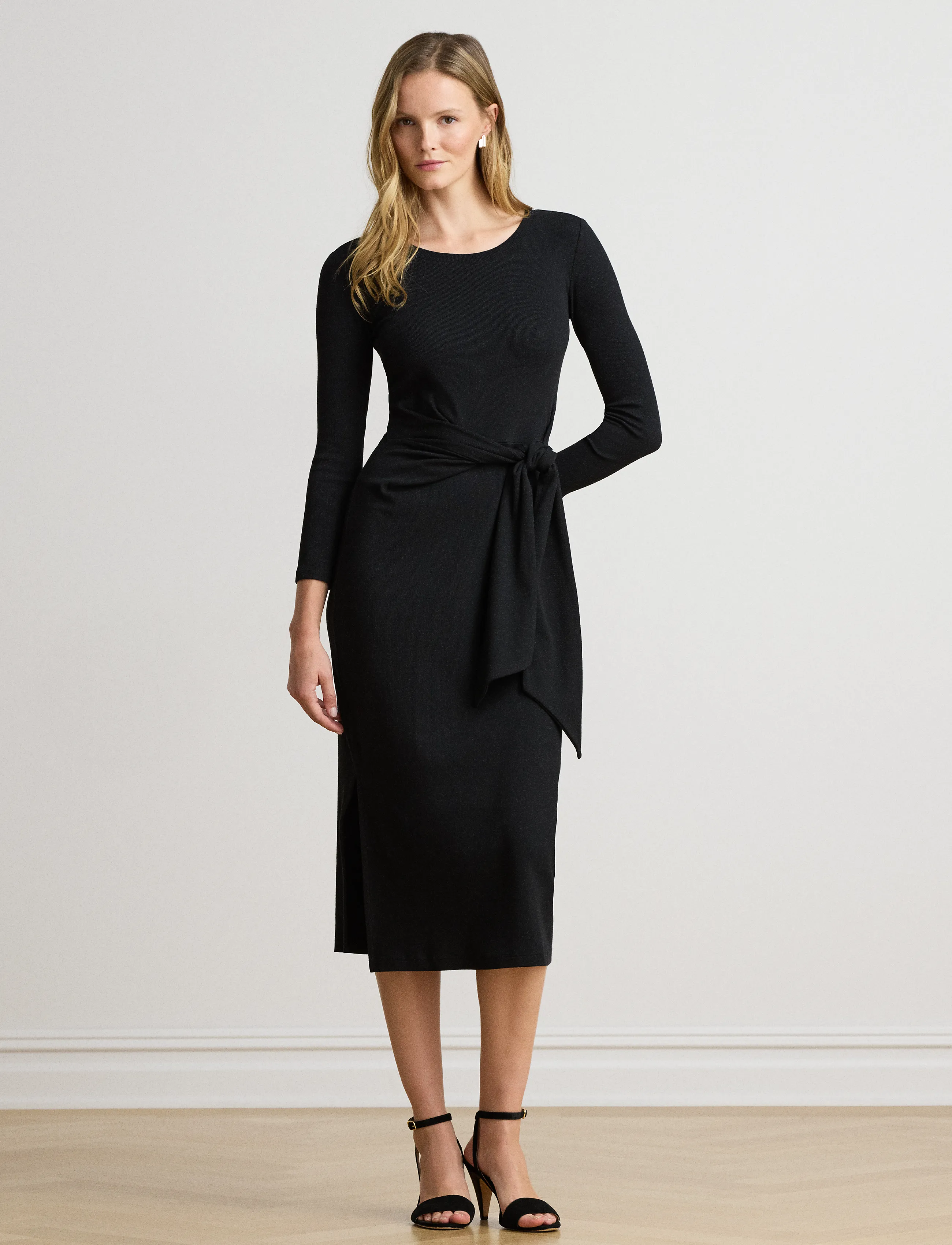 Lauren Ralph Lauren Tie-Front Cotton-Blend Crewneck Dress - Bis zu 25% Rabatt - BLACK / black