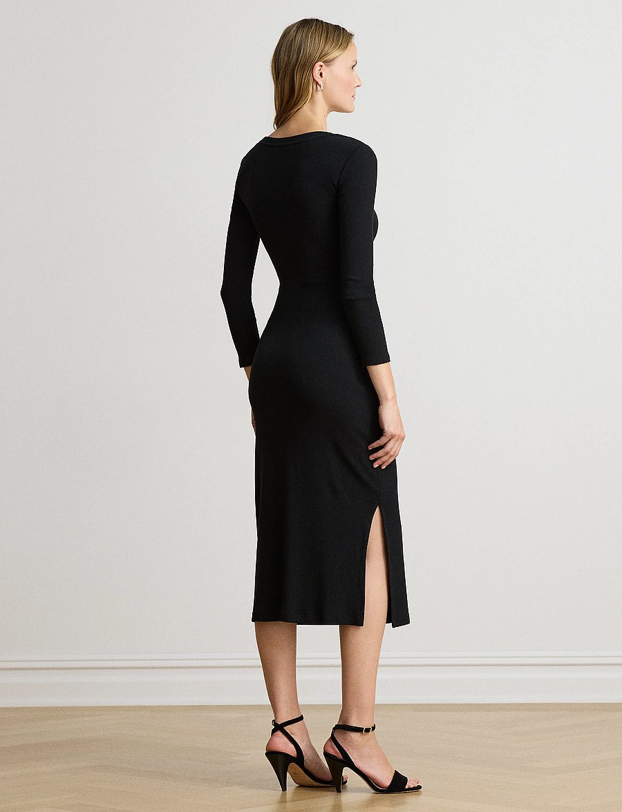 Lauren Ralph Lauren - Tie-Front Cotton-Blend Crewneck Dress - midikleider - black - 3