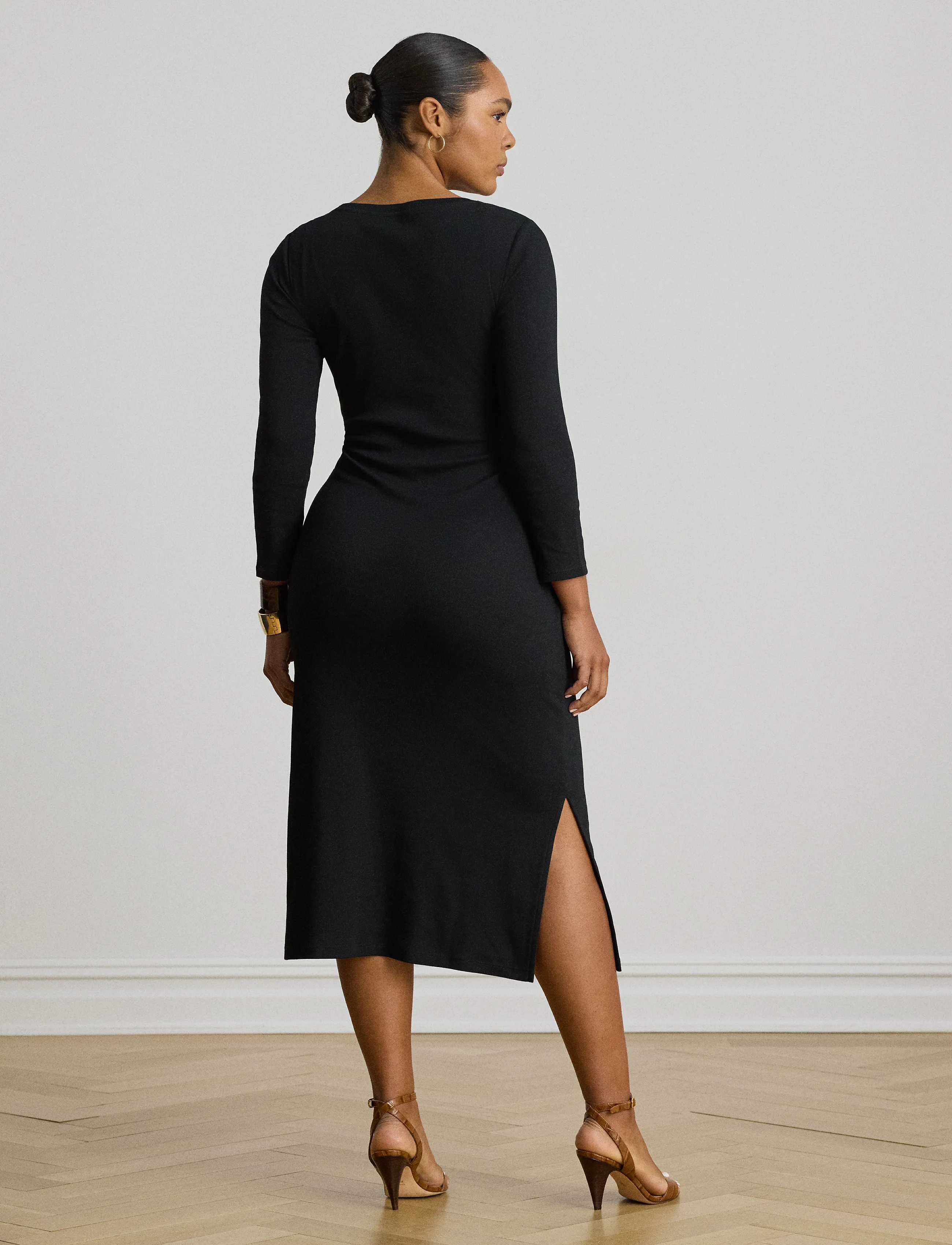 Lauren Ralph Lauren - Tie-Front Cotton-Blend Crewneck Dress - midiklänningar - black - 2