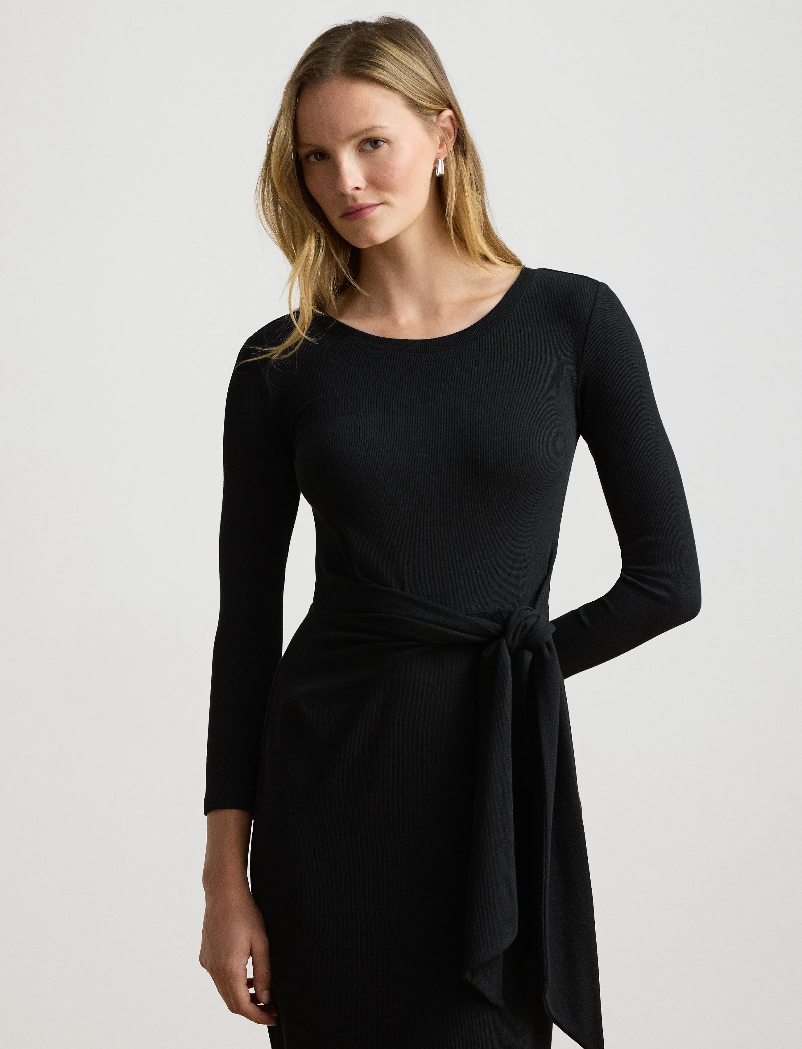 Lauren Ralph Lauren - Tie-Front Cotton-Blend Crewneck Dress - midikleider - black - 4