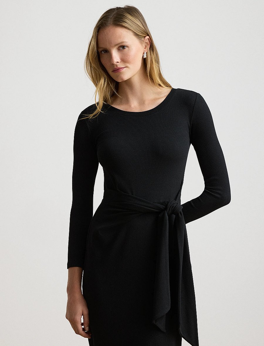 Lauren Ralph Lauren - Tie-Front Cotton-Blend Crewneck Dress - midikleider - black - 4
