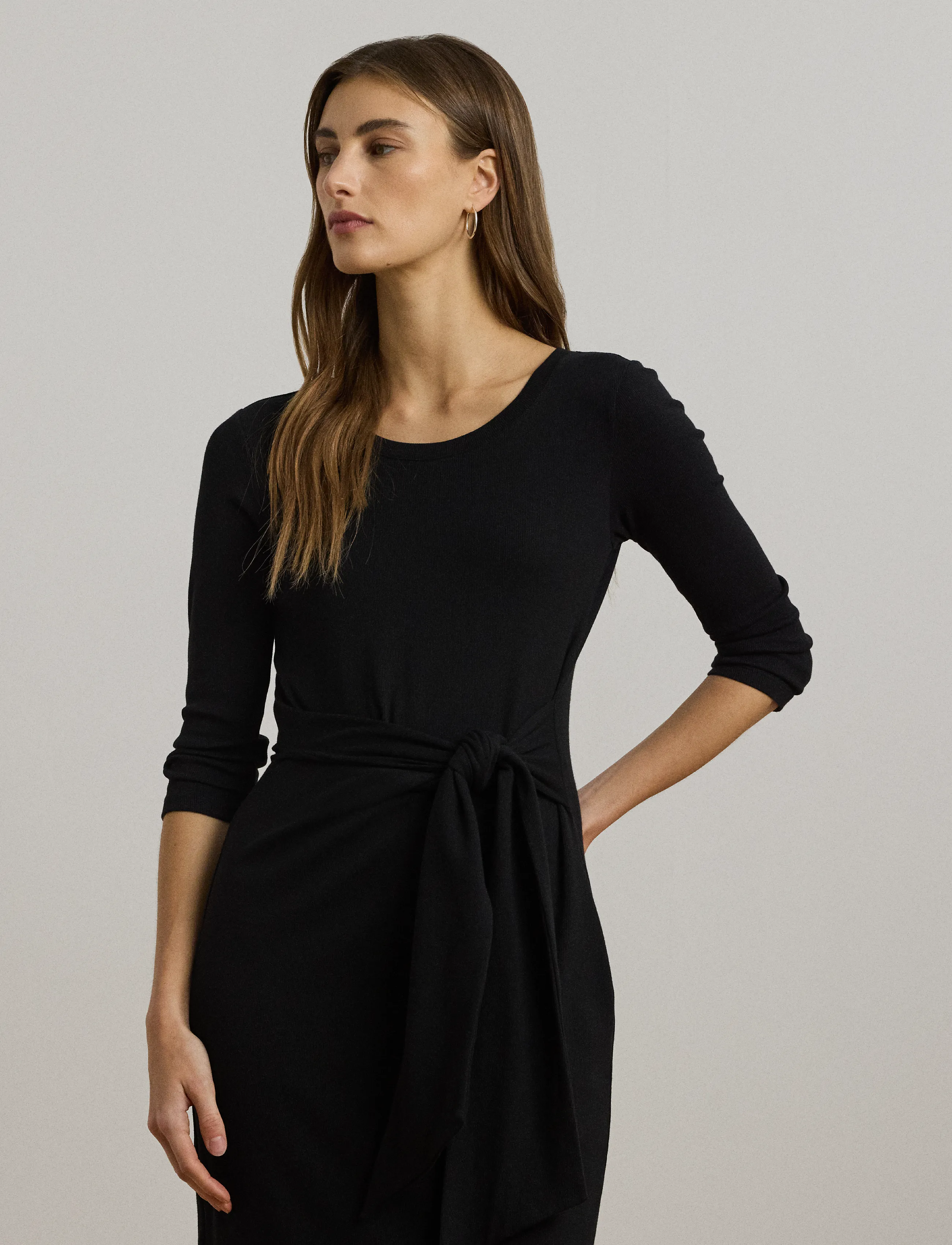 Lauren Ralph Lauren - Tie-Front Cotton-Blend Crewneck Dress - midiklänningar - black - 3
