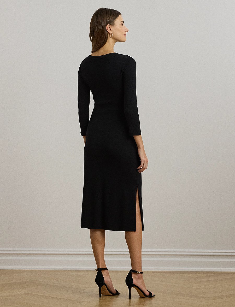 Lauren Ralph Lauren - Tie-Front Cotton-Blend Crewneck Dress - midiklänningar - black - 4