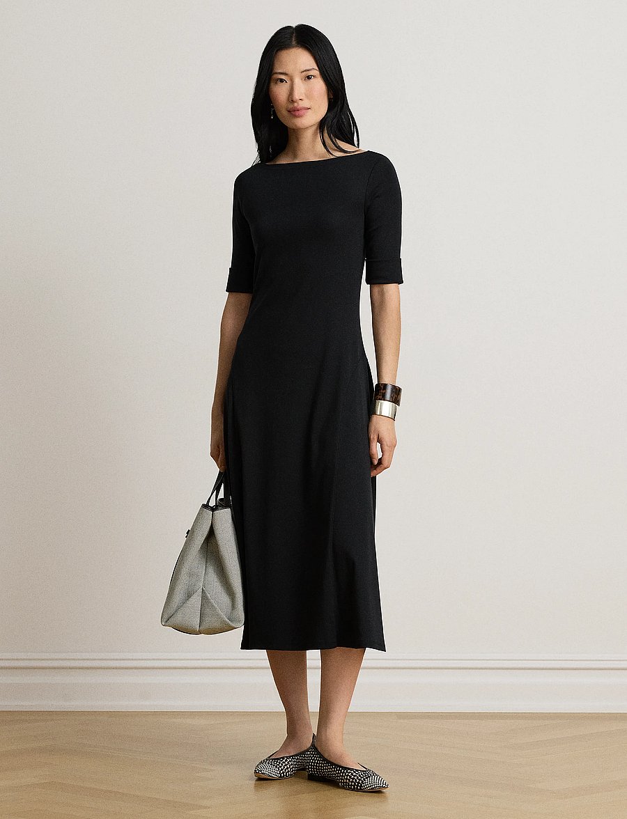 Lauren Ralph Lauren - Rib-Knit Stretch Cotton Midi Dress - midi kjoler - black - 1