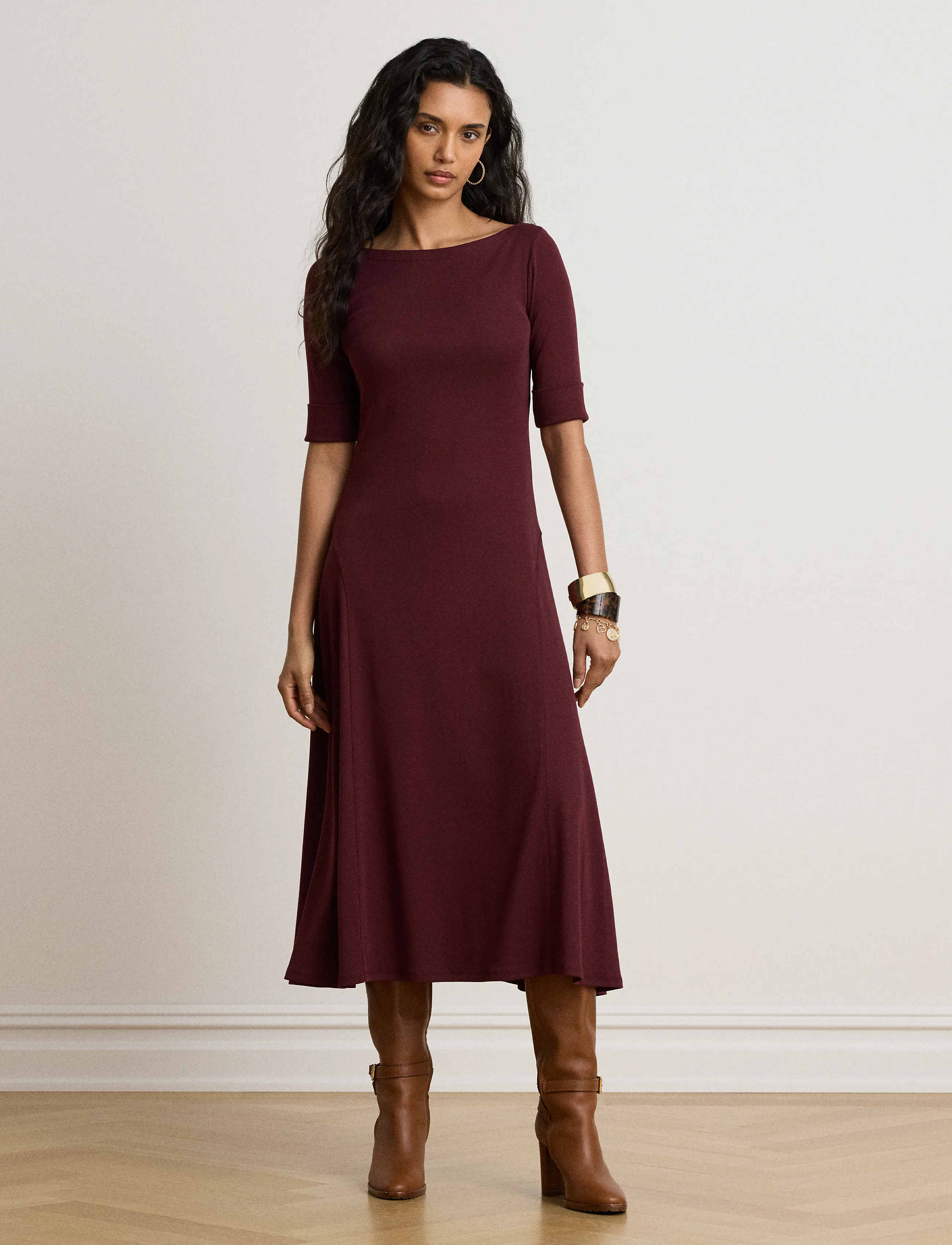 Lauren Ralph Lauren Ribbstickad midiklänning med stretch - Kläder - DARK GARNET / burgundy