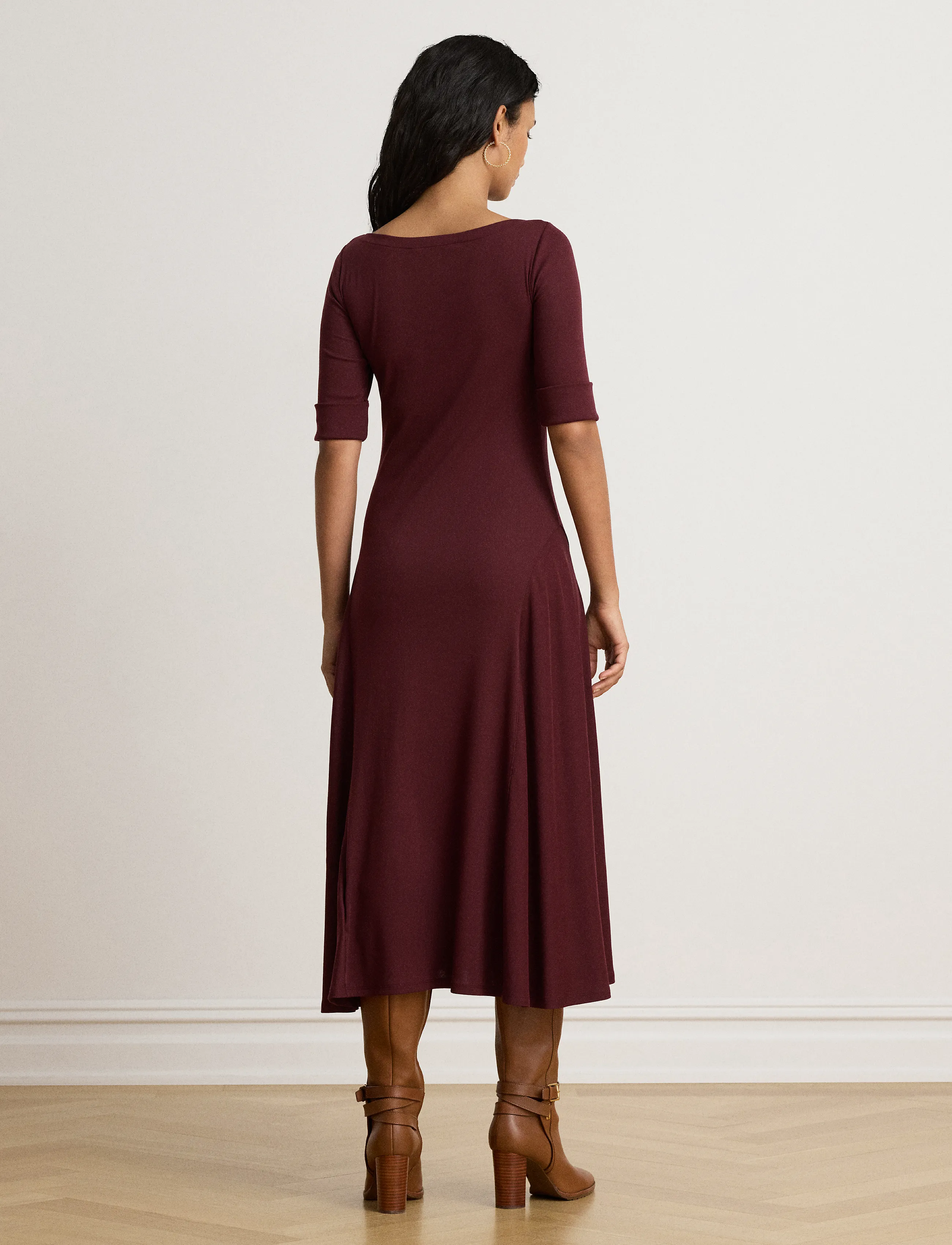 Lauren Ralph Lauren - Ribbstickad midiklänning med stretch - midiklänningar - dark garnet - 3