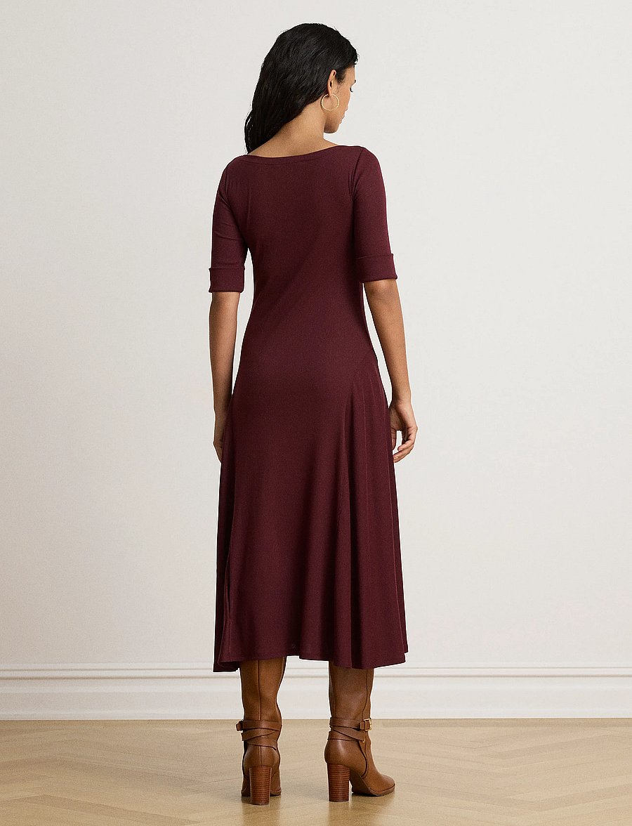 Lauren Ralph Lauren - Ribbstickad midiklänning med stretch - midiklänningar - dark garnet - 3
