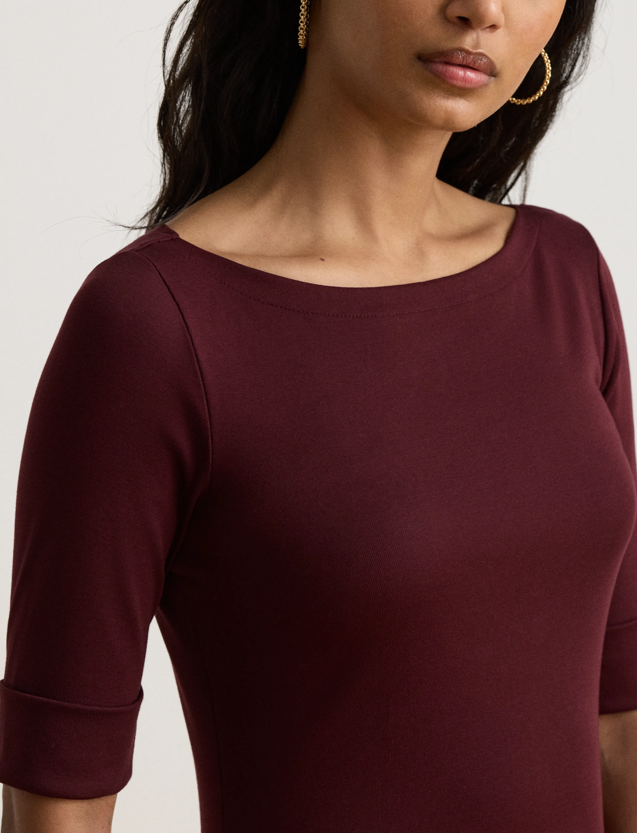 Lauren Ralph Lauren - Ribbstickad midiklänning med stretch - midiklänningar - dark garnet - 4