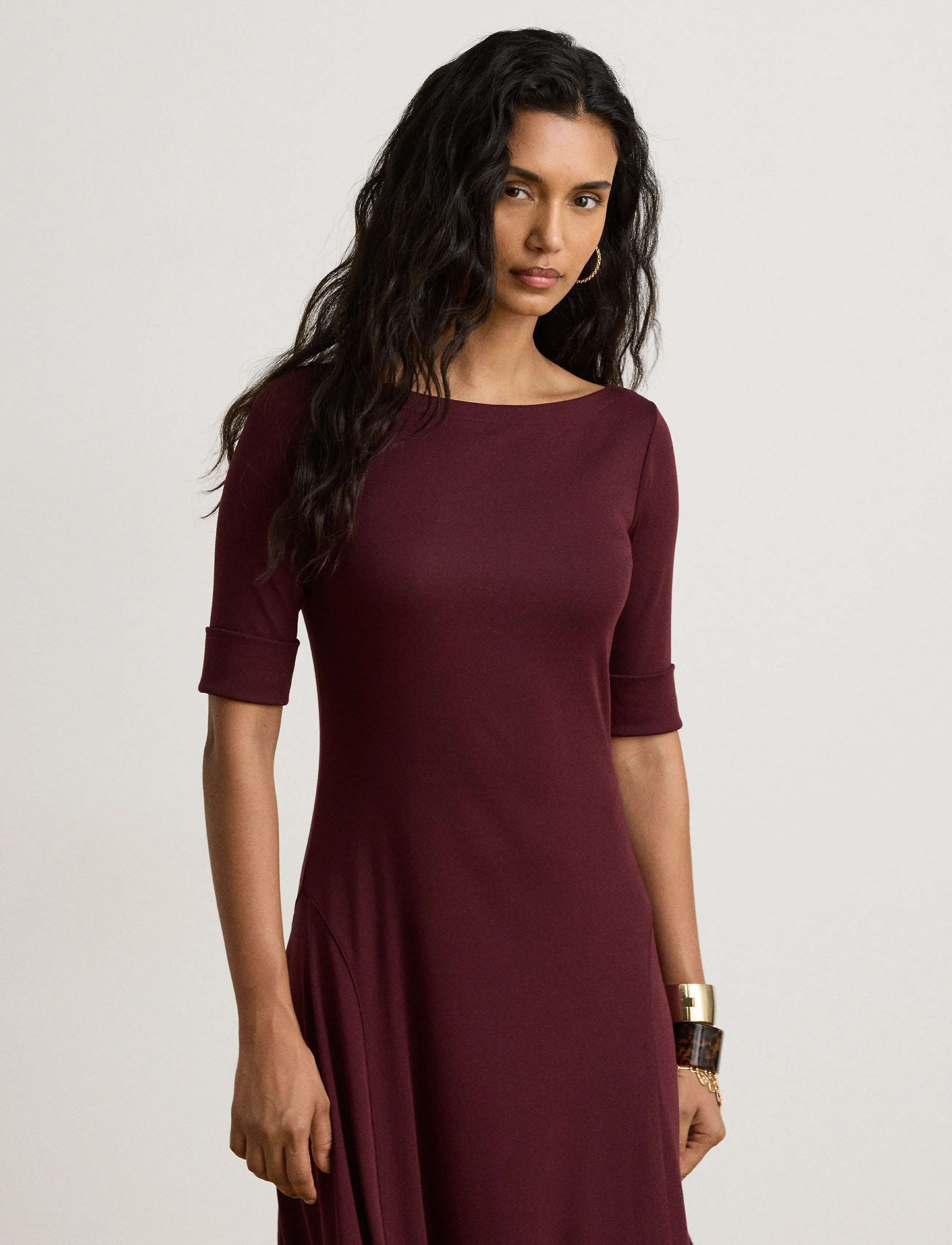 Lauren Ralph Lauren - Ribbstickad midiklänning med stretch - midiklänningar - dark garnet - 5