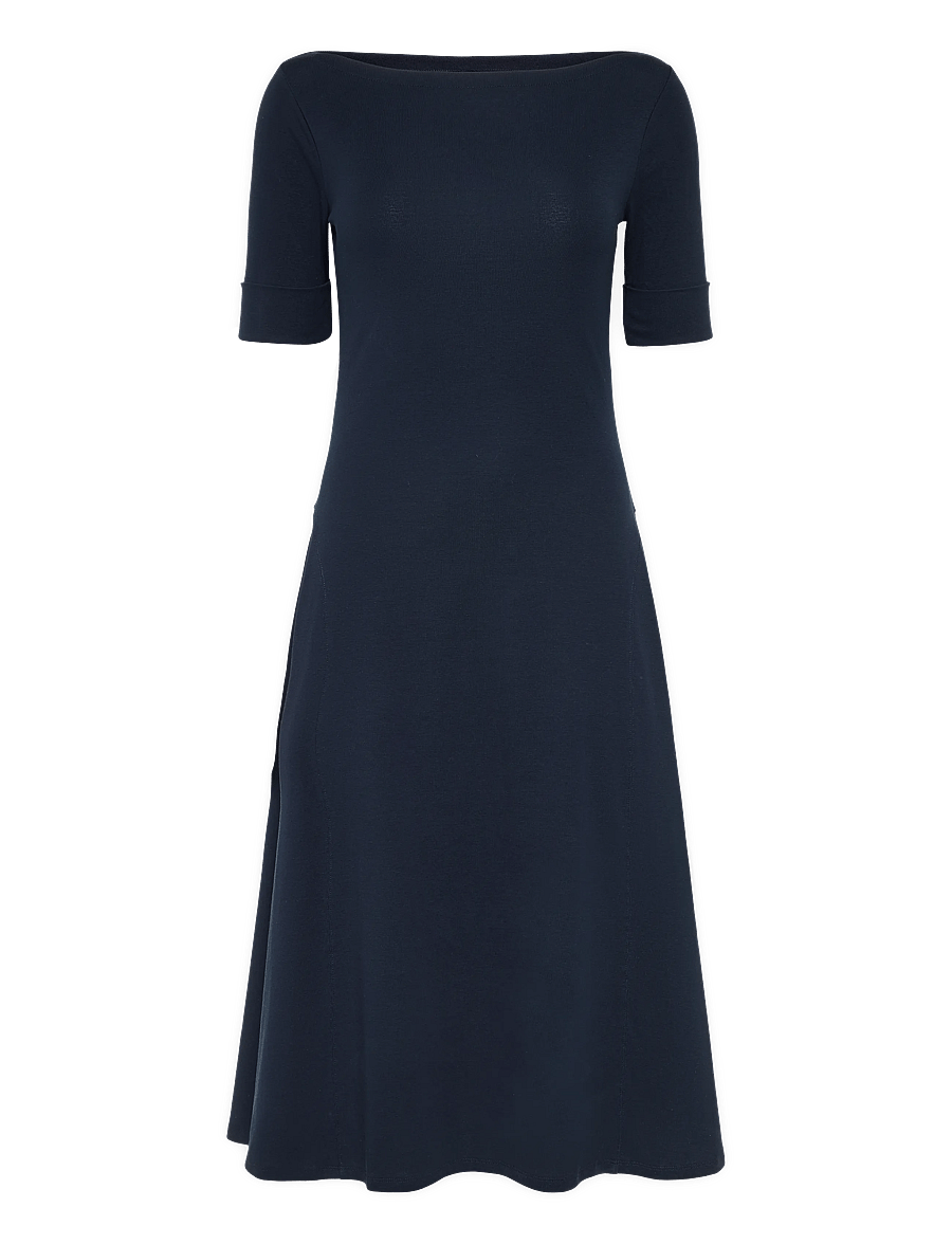 Lauren Ralph Lauren - Rib-Knit Stretch Cotton Midi Dress - midi kjoler - lauren navy - 1