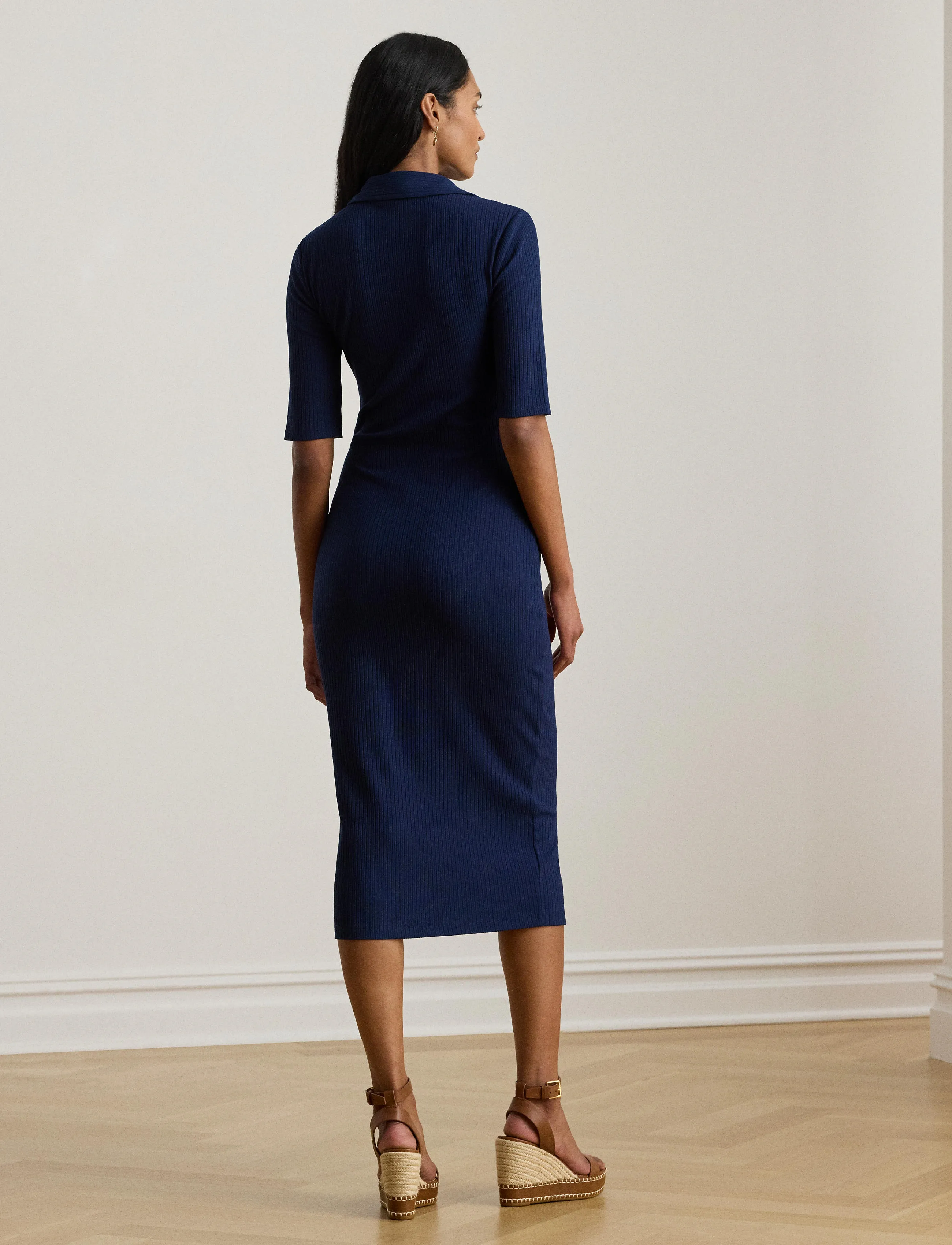 Rib-Knit Elbow-Sleeve Polo Dress 4