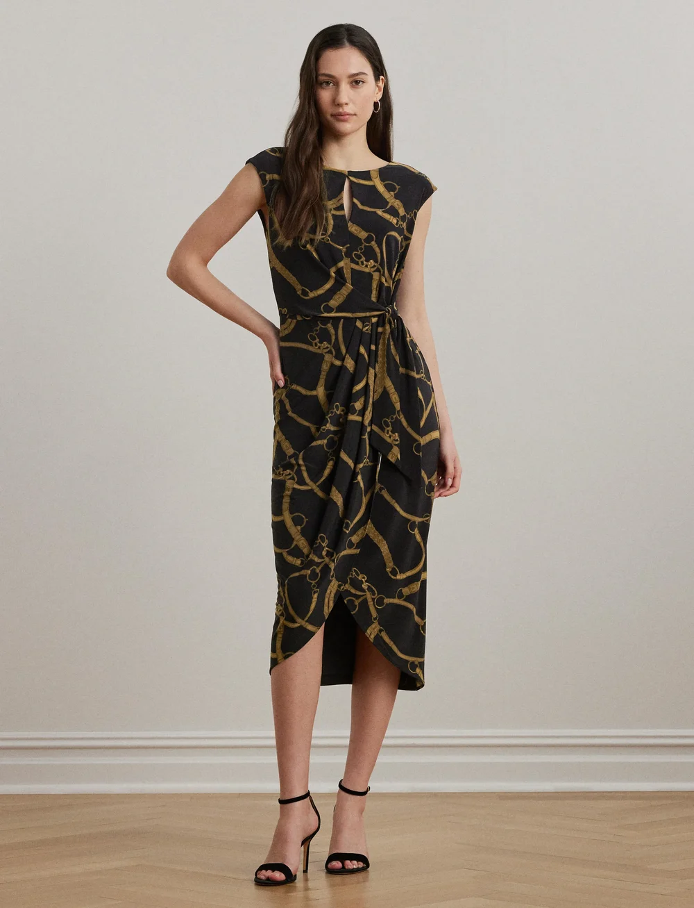 Lauren Ralph Lauren - Belting-Print Jersey Tie-Front Dress - sukienki dopasowane - black-tan - 3