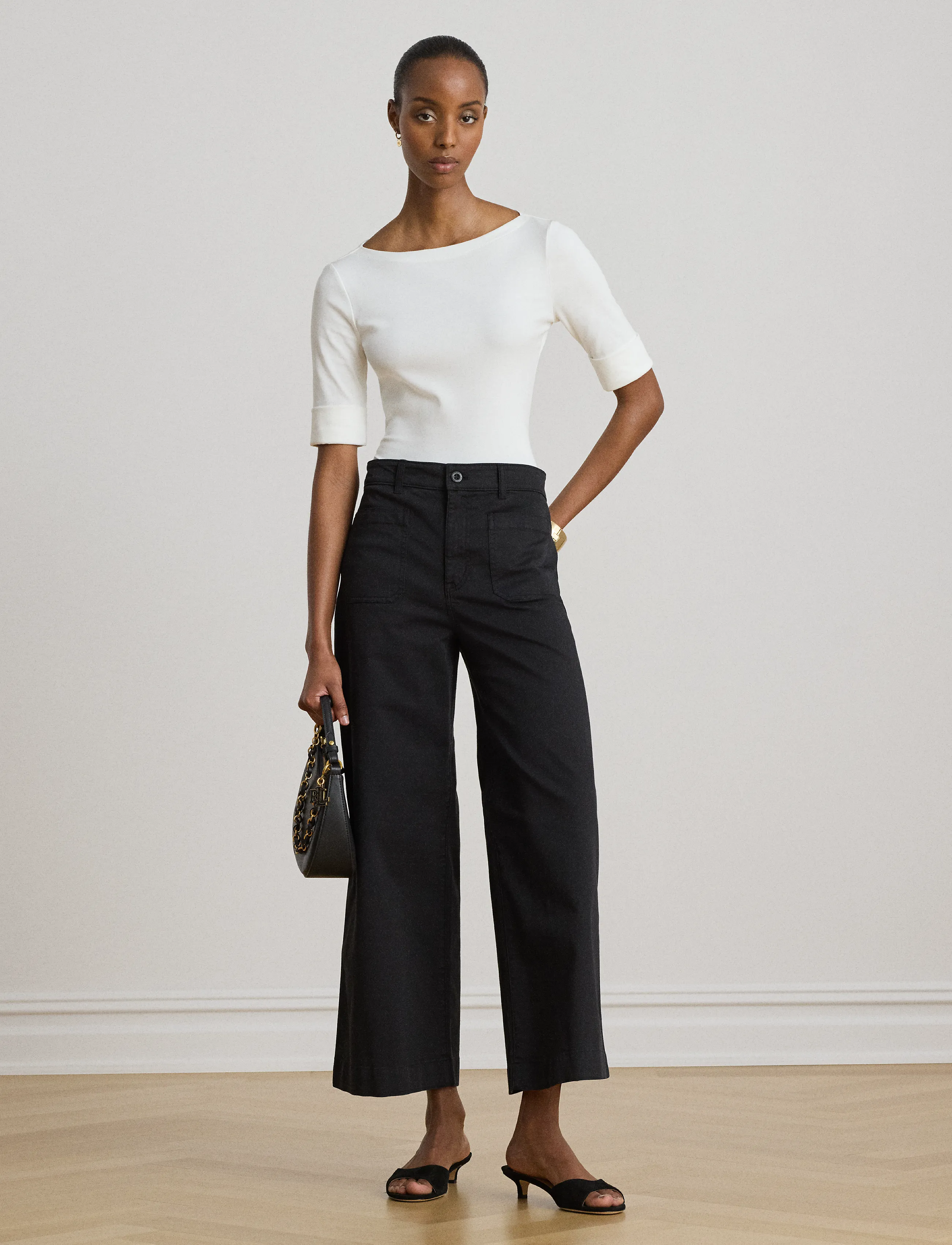 Lauren Ralph Stretch Chino Wide-Leg Cropped Pant, 36, Trousers, Schwarz - Wide Leg, Frauen