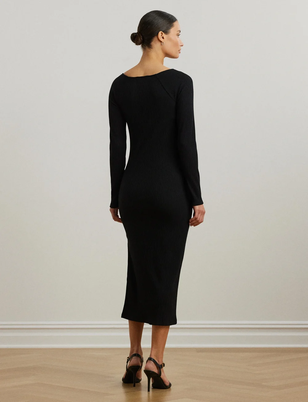 Lauren Ralph Lauren - Rib-Knit Long-Sleeve Midi Dress - midi kjoler - black - 4