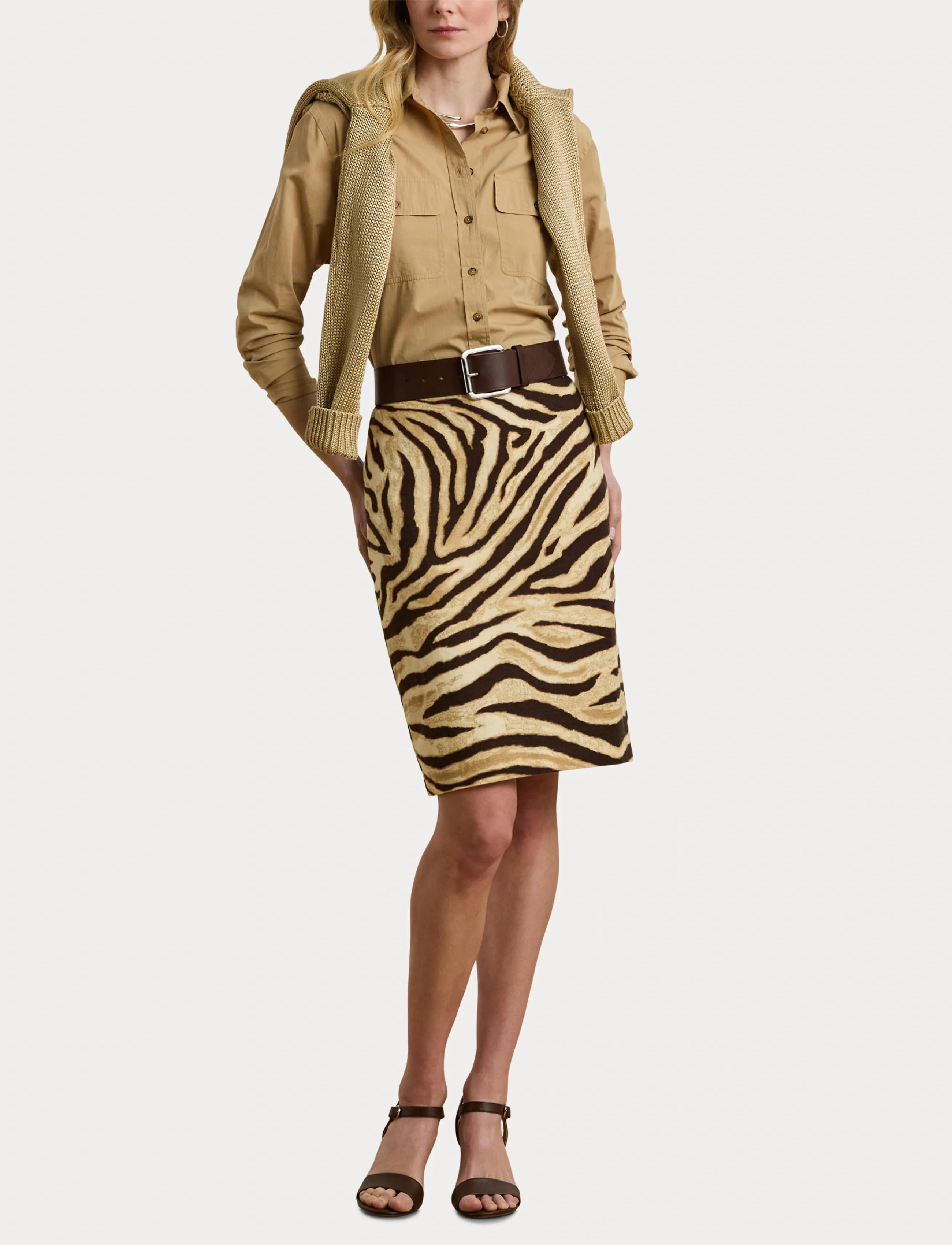 Lauren Ralph Lauren - Zebra-Print Linen-Cotton Pencil Skirt - bleistiftröcke - cream/brown - 4