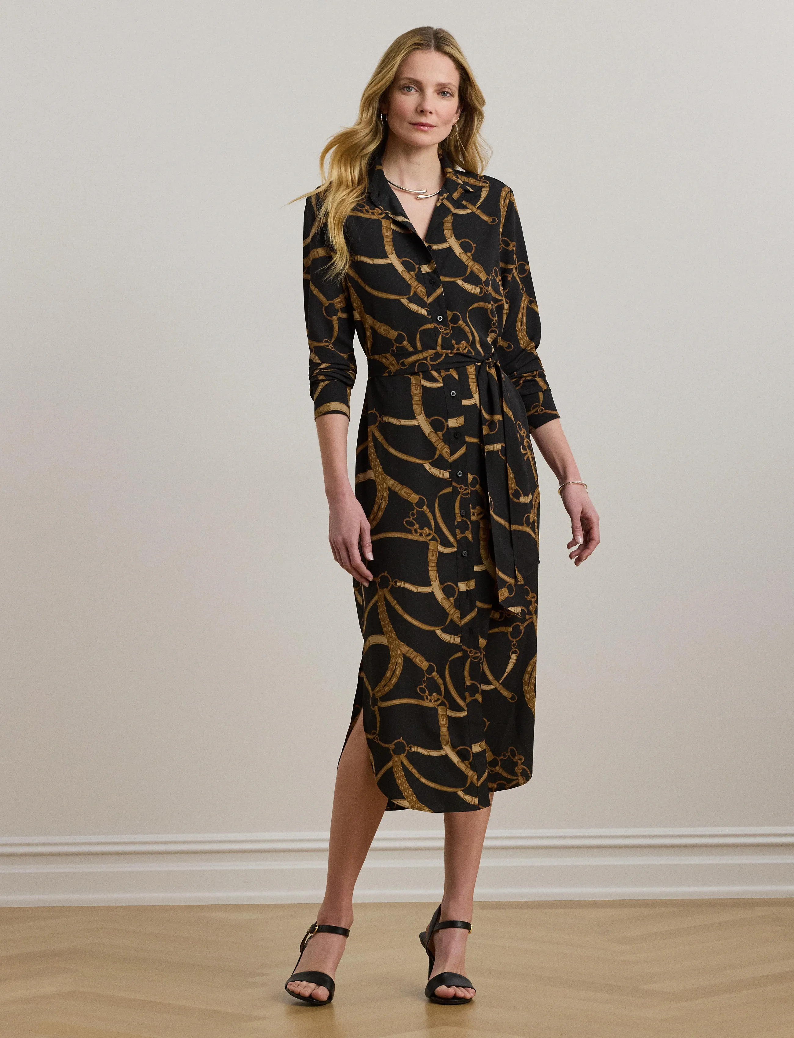 Lauren Ralph Lauren - Belting-Print Crepe Shirtdress - black/tan - 3