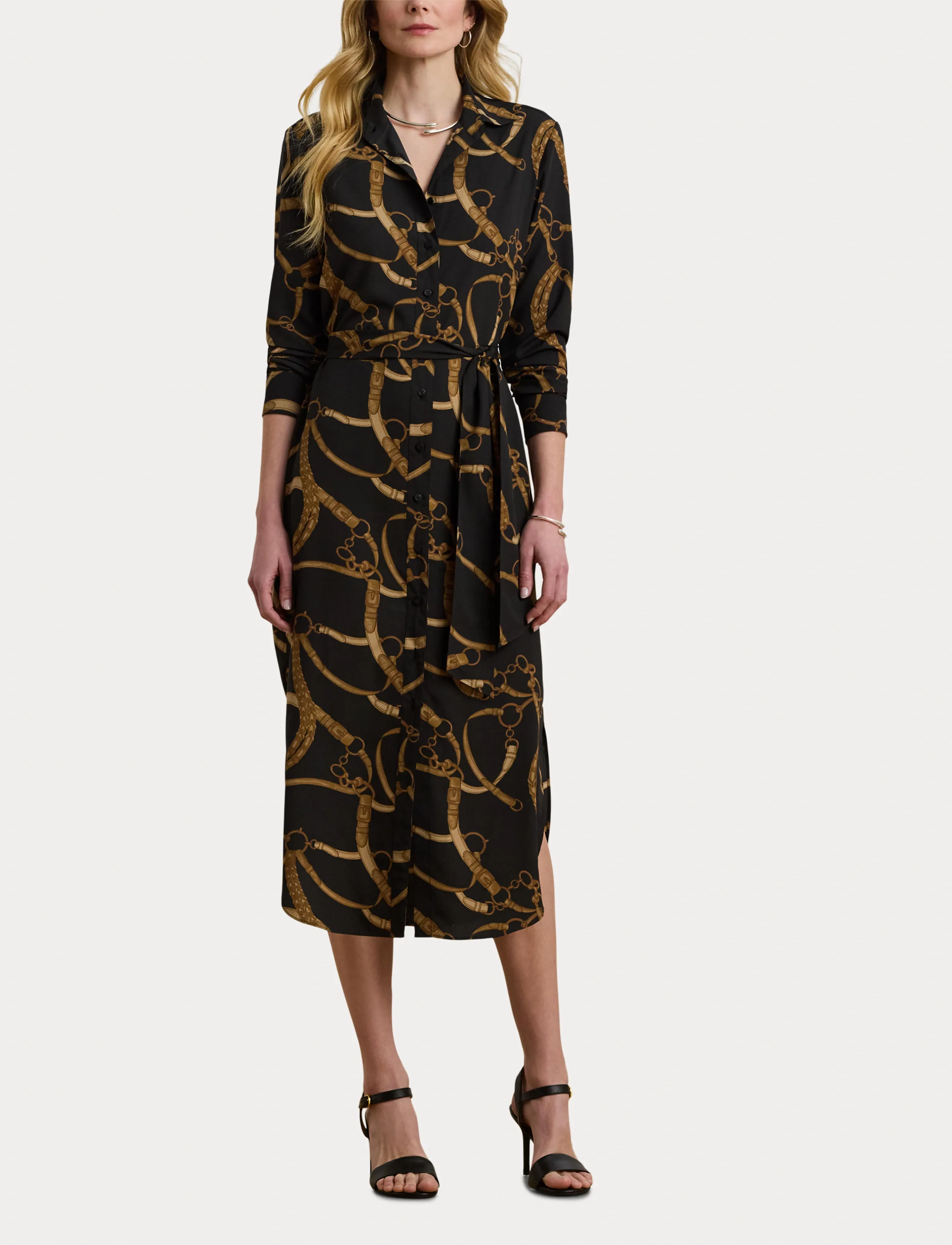 Lauren Ralph Lauren - Belting-Print Crepe Shirtdress - black/tan - 4