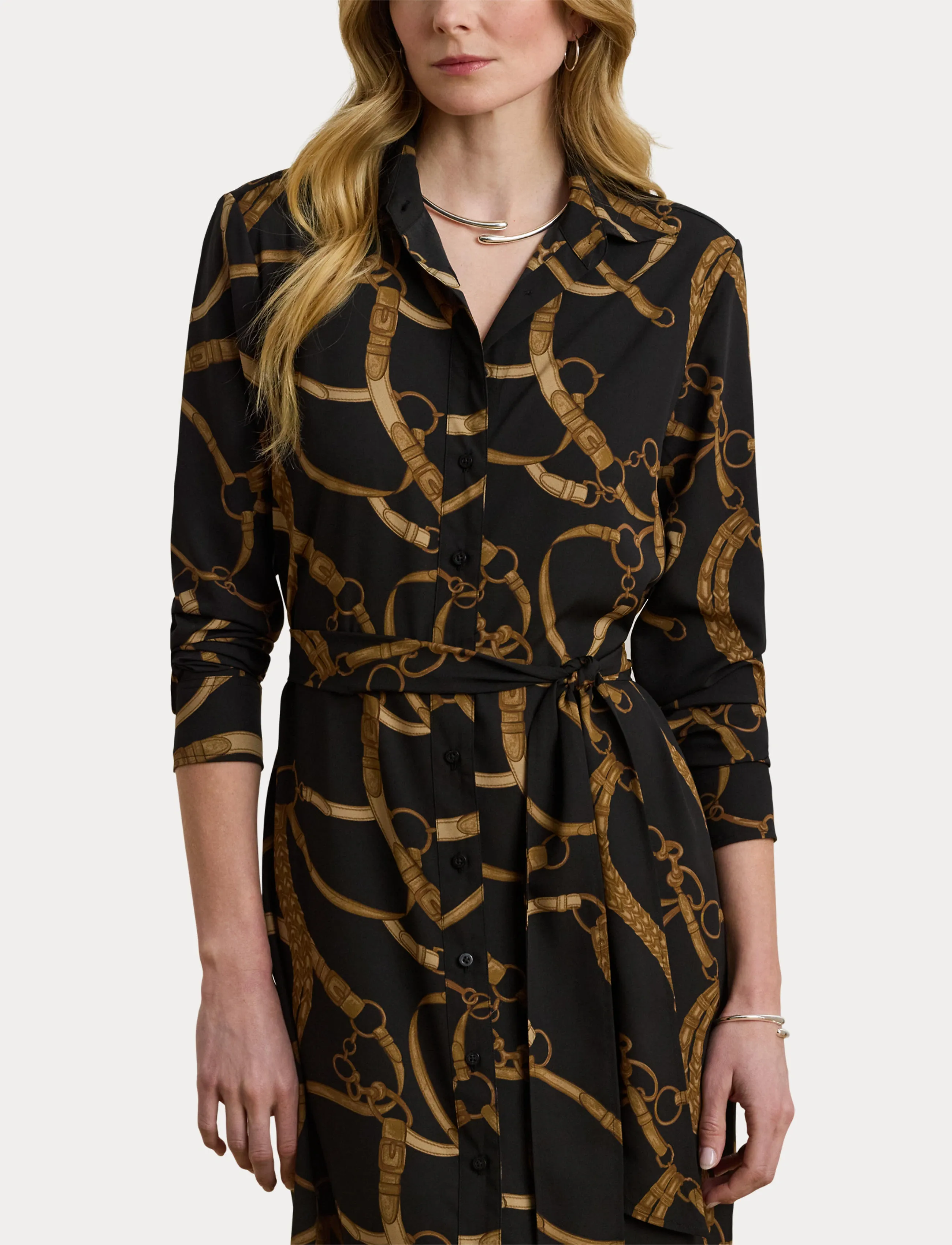 Lauren Ralph Lauren - Belting-Print Crepe Shirtdress - black/tan - 5