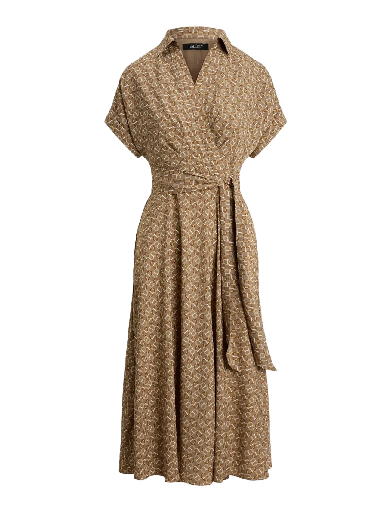 Geo-Print Belted Crepe Dress - TAUPE MULTI