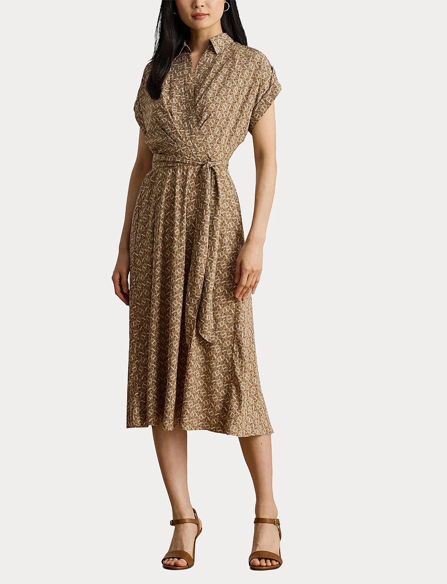 Lauren Ralph Lauren - Geo-Print Belted Crepe Dress - taupe multi - 4