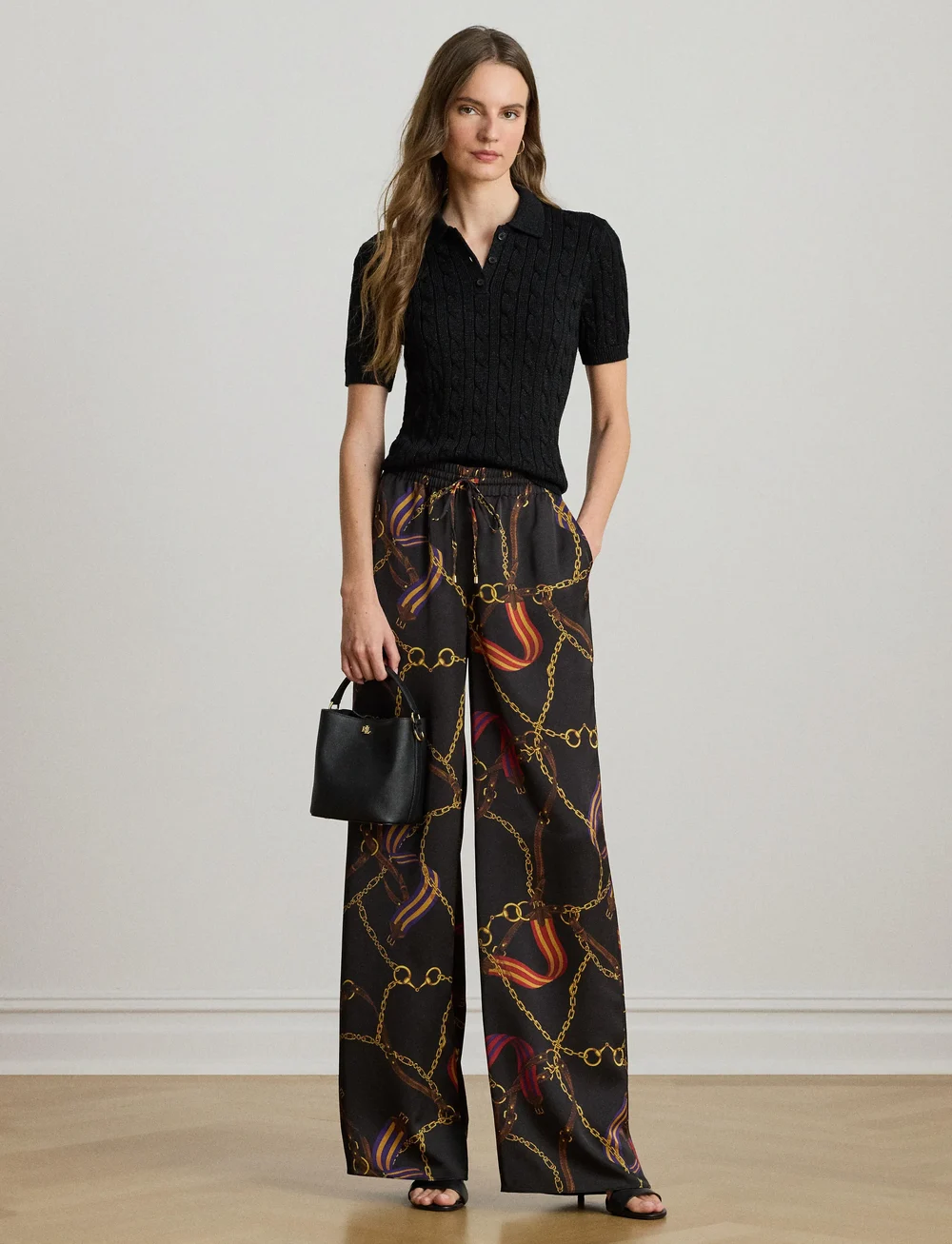 Lauren Ralph Lauren - Metallic Cable-Knit Polo Sweater - polo shirts - black metallic - 0