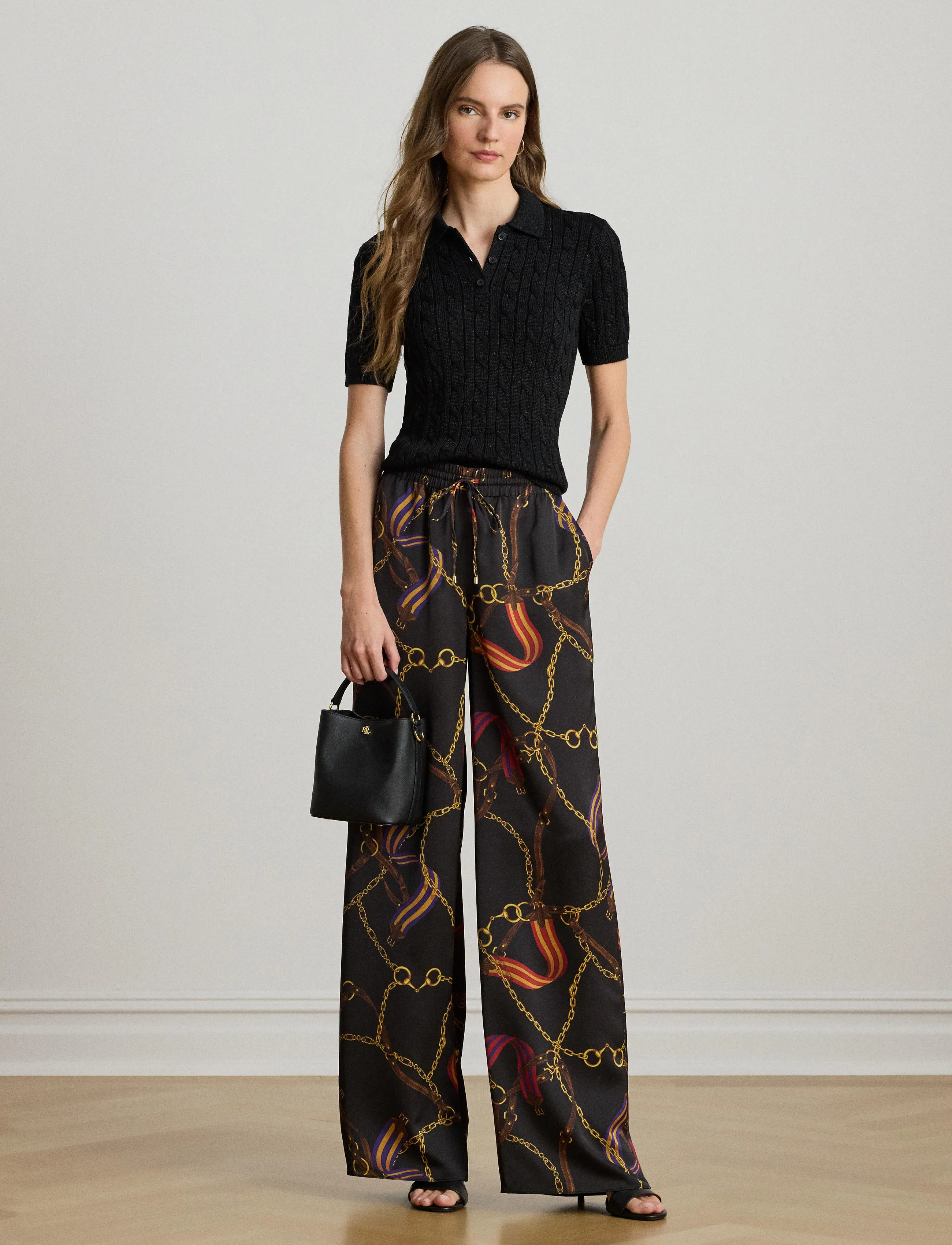 Lauren Ralph Lauren Metallic Cable-Knit Polo Sweater - T-Shirts & Tops - BLACK METALLIC / black