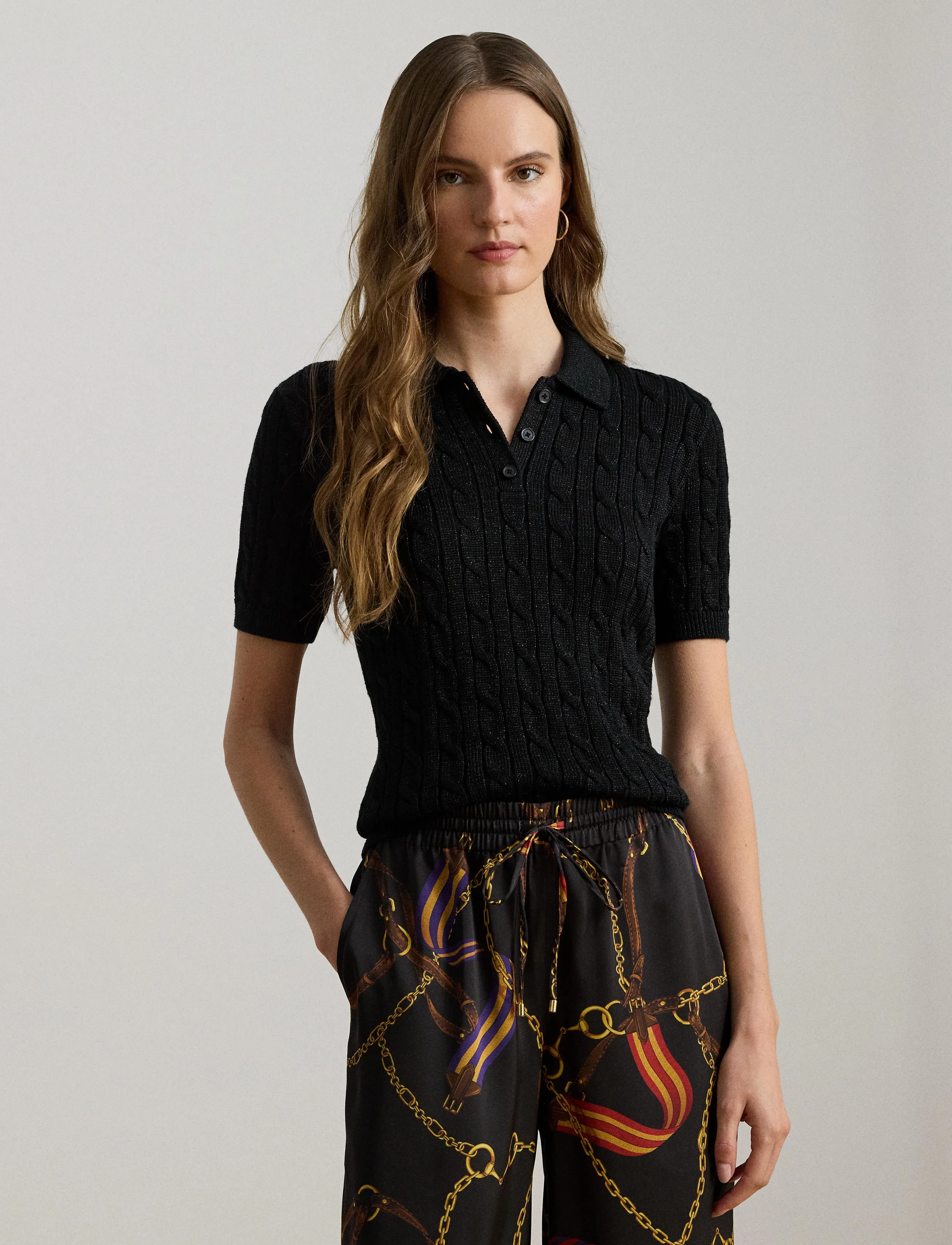 Lauren Ralph Lauren - Metallic Cable-Knit Polo Sweater - poloer - black metallic - 3