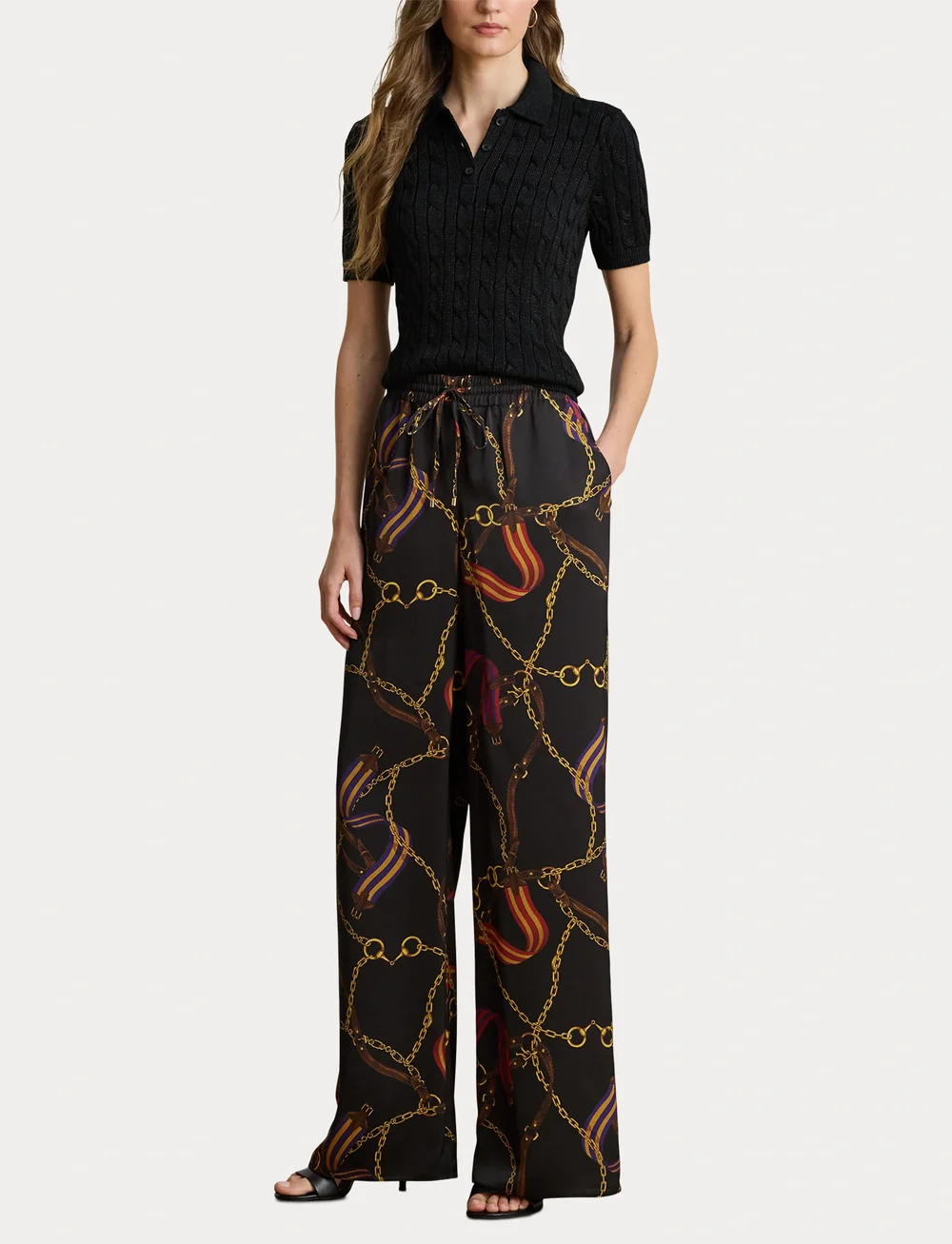 Lauren Ralph Lauren - Metallic Cable-Knit Polo Sweater - polo shirts - black metallic - 4