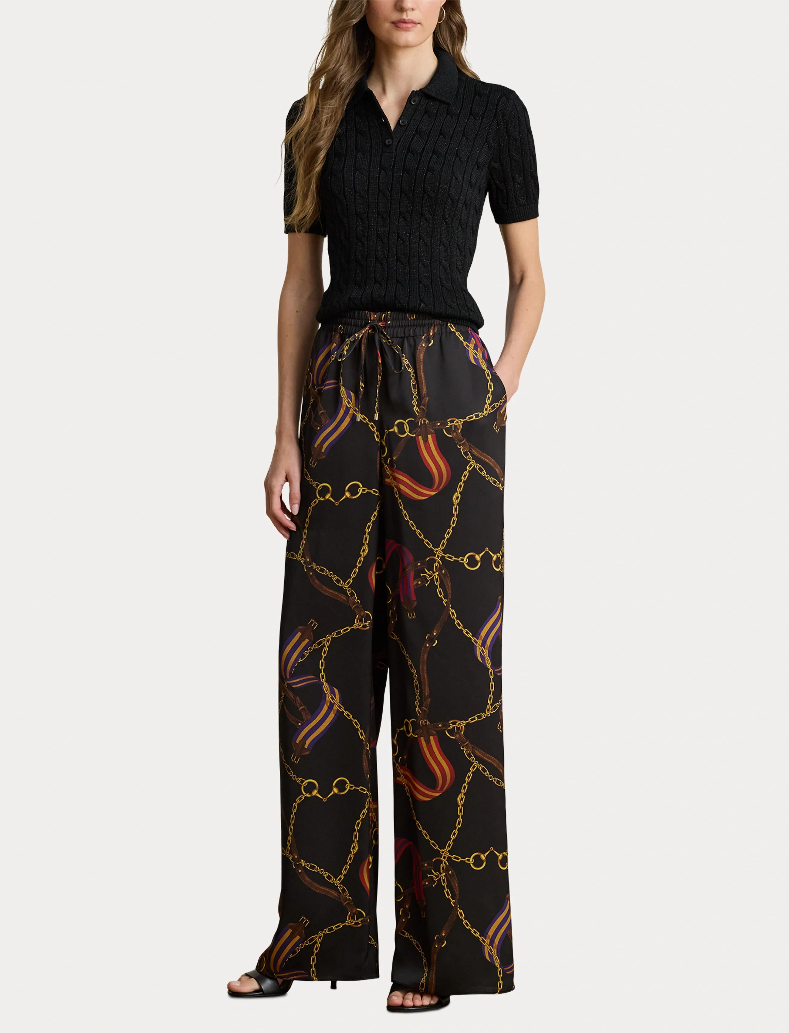 Lauren Ralph Lauren - Metallic Cable-Knit Polo Sweater - poloer - black metallic - 4
