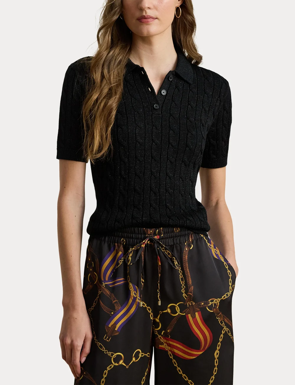 Lauren Ralph Lauren - Metallic Cable-Knit Polo Sweater - polo shirts - black metallic - 5